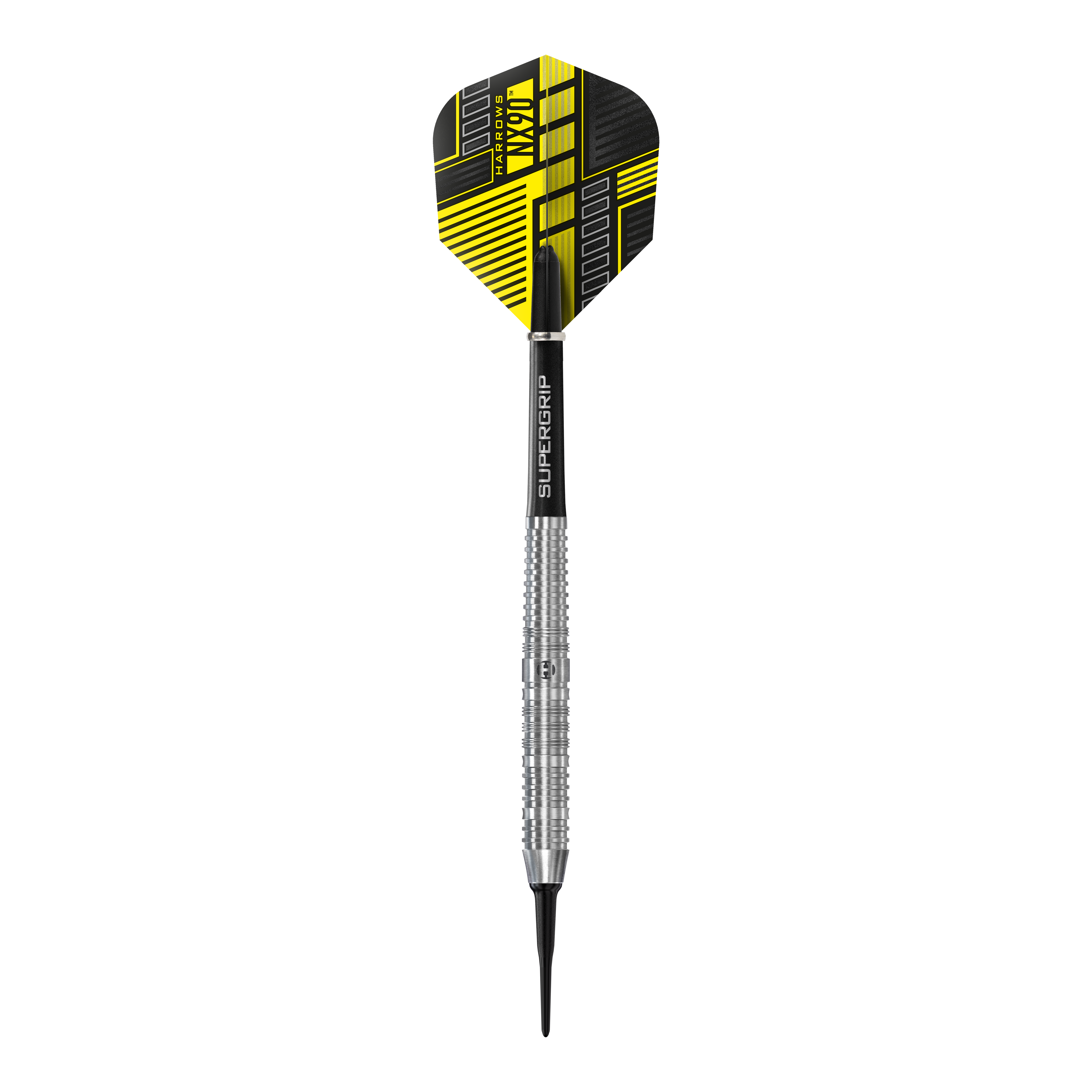 Harrows NX90 Softdarts paralleli Das Bild zeigt einen Harrows NX90 Parallel Softdart mit silbernem Schaft und schwarzem Flight. Der Flight hat ein modernes gelb-schwarzes Design.