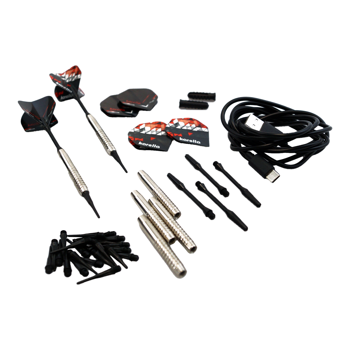 Bersaglio elettronico morbido Karella CB-Smart Das Bild zeigt das Zubehörset der Karella CB-Smart Elektronischen Soft-Dartscheibe, darunter mehrere Dartpfeile, Ersatzspitzen, Flights und ein USB-Kabel. Die Einzelteile sind ordentlich auf einem hellen Hintergrund angeordnet.