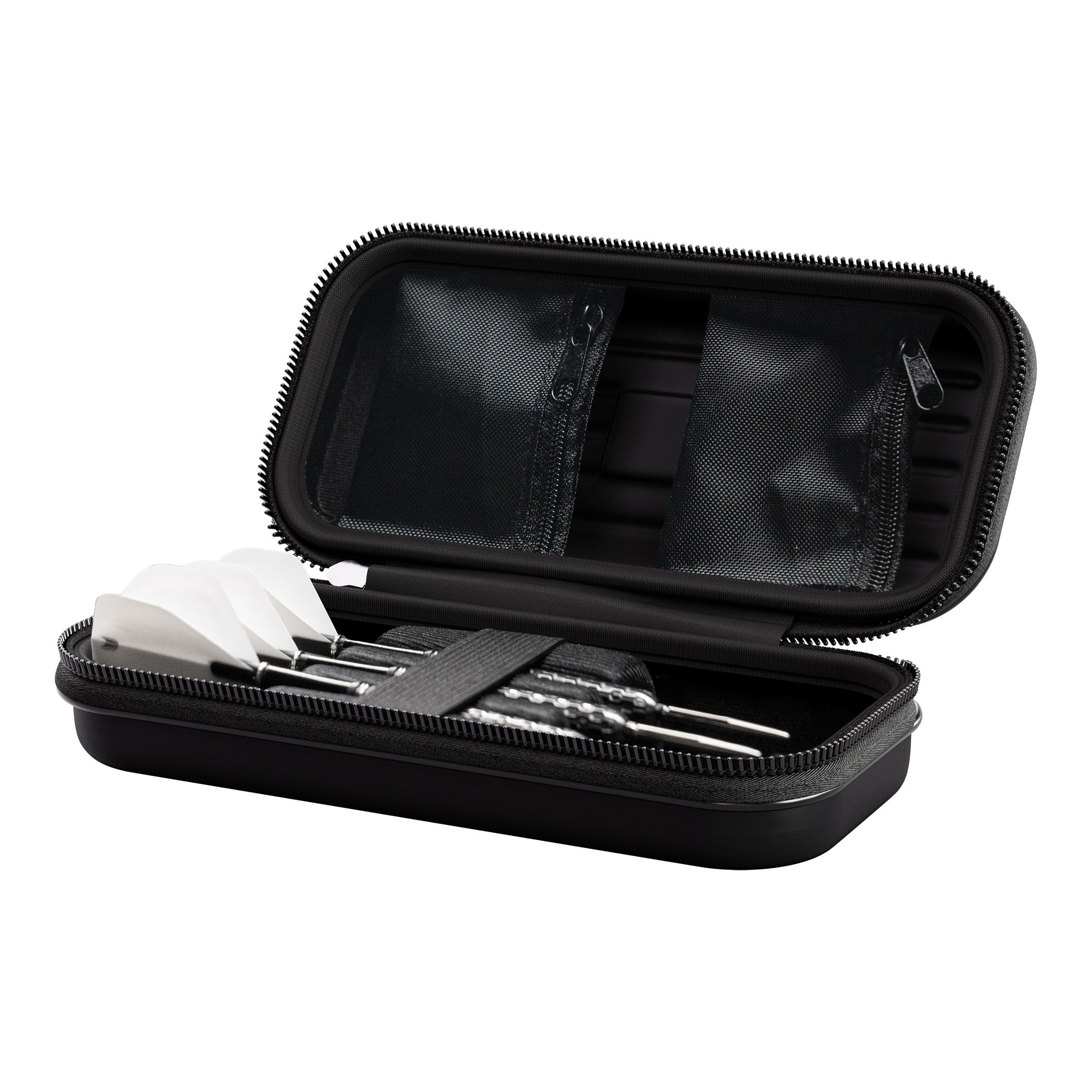 Astuccio per freccette Target Takoma Stephen Bunting Das Bild zeigt das Produkt "Target Takoma Stephen Bunting Dartcase". In dem geöffneten Etui befinden sich drei zusammengebaute Darts und kleine Netztaschen im Deckel.