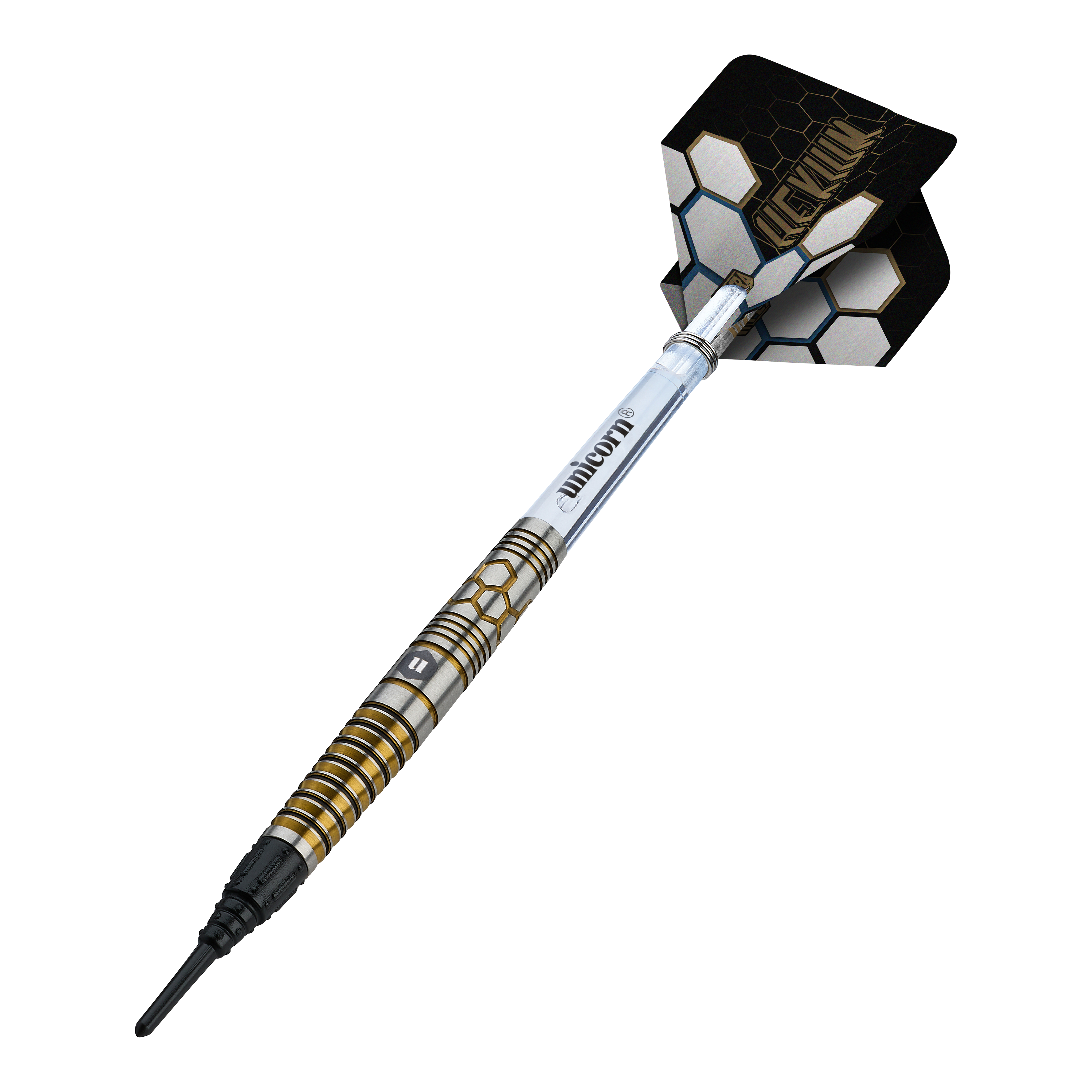 Freccette morbide Unicorn Hexium Style 02 Blu e Oro - 21 g Abgebildet ist das Produkt Unicorn Hexium Style 02 Blue & Gold Softdarts - 21g. Die Farben Blau und Gold dominieren das Design der Softdarts.