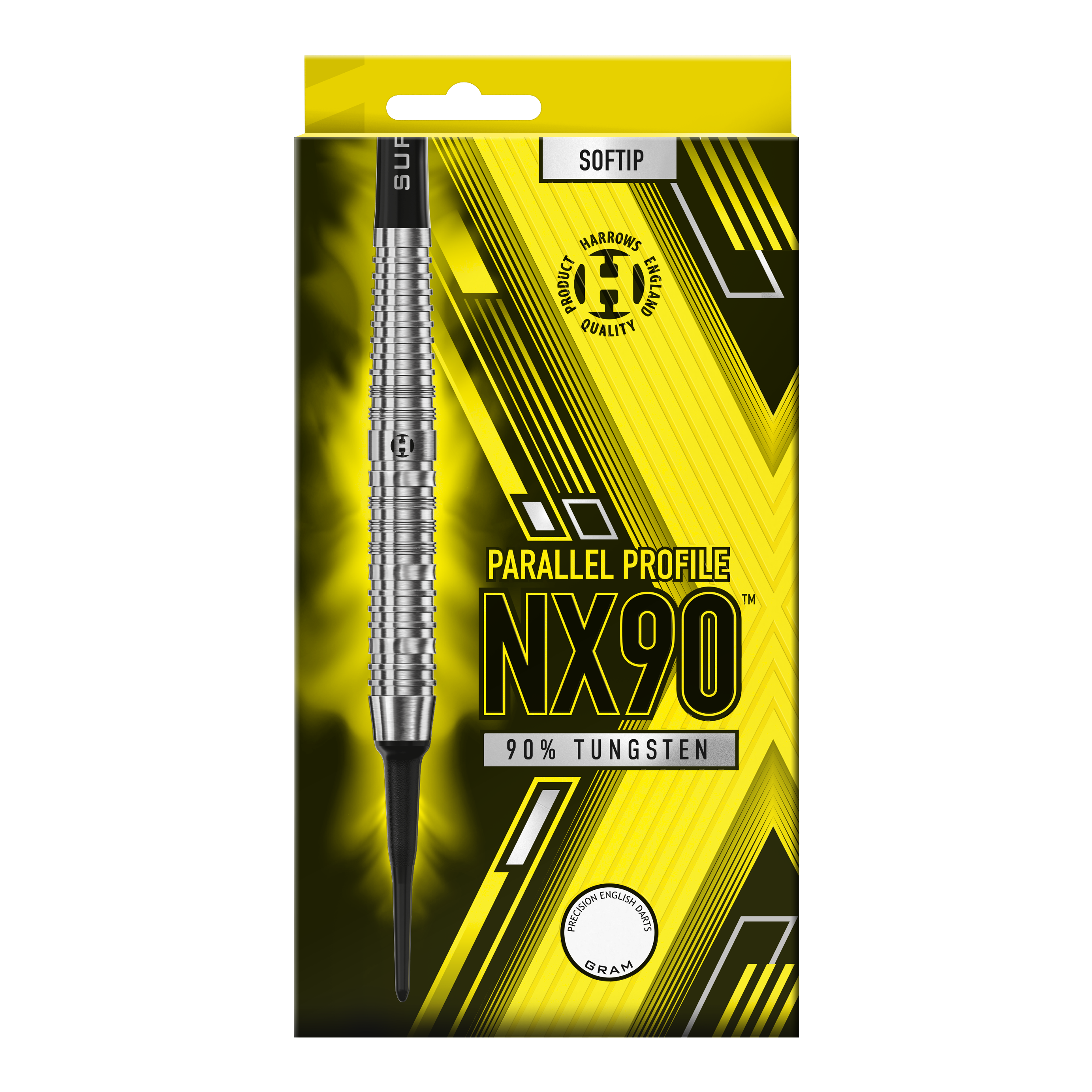 Harrows NX90 Softdarts paralleli Die Abbildung zeigt die Verpackung der Harrows NX90 Parallel Softdarts. Auf der gelb-schwarzen Packung steht, dass die Darts aus 90 % Tungsten bestehen.