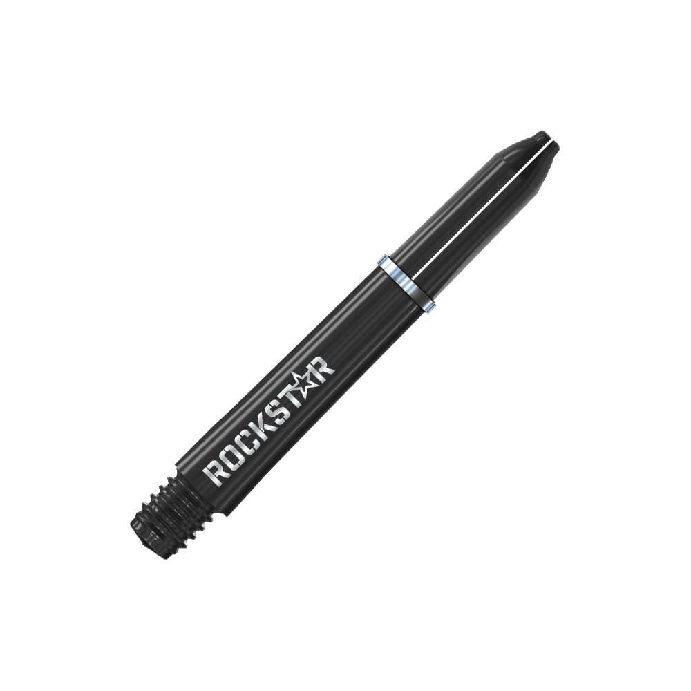 Winmau Joe Cullen Rockstar Nylon Alberi Neri Auf dem Bild ist ein schwarzer Dart-Schaft mit der Aufschrift "ROCKSTAR" zu sehen. Der Schaft hat einen silbernen Ring in der Mitte.