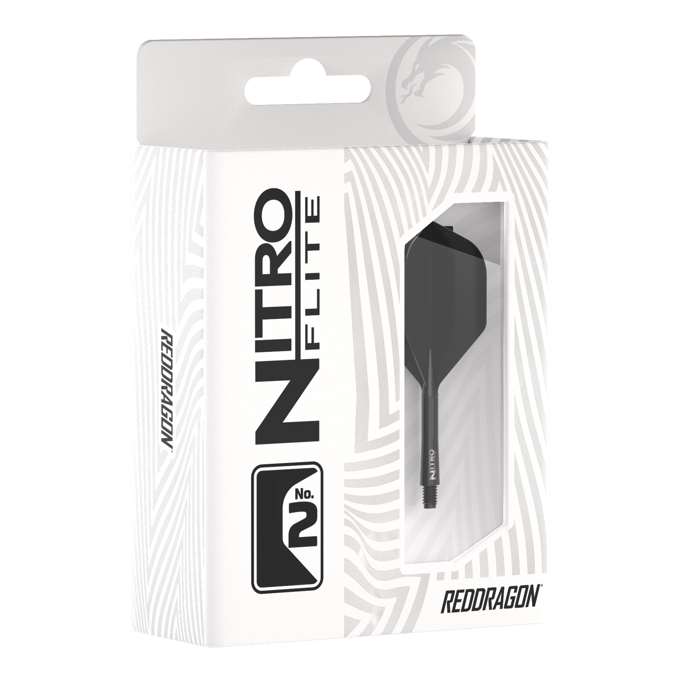 Die Verpackung zeigt das Produkt "Red Dragon Nitroflite - Black Shaft Black No2 Flights". Im Sichtfenster ist ein schwarzer Dart-Schaft mit schwarzem Flight zu sehen.