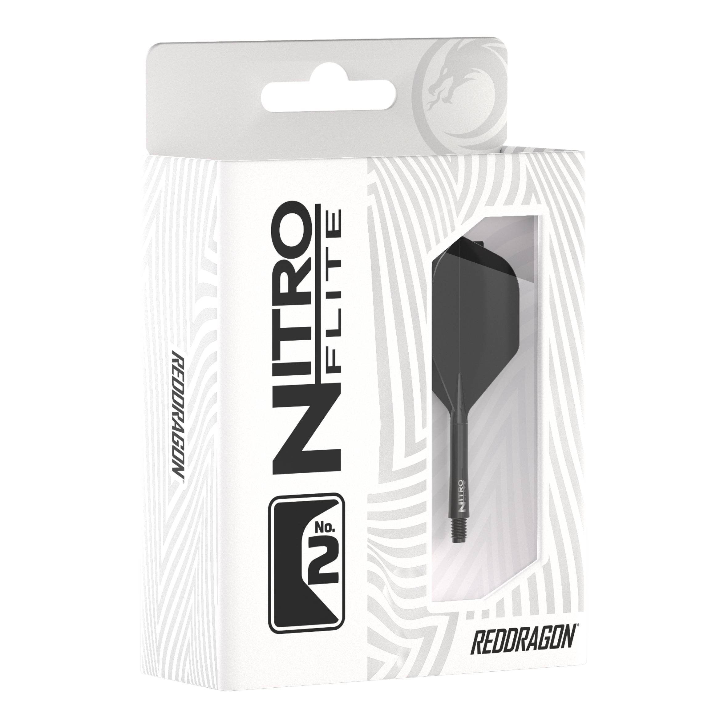 Red Dragon Nitroflite - Black Shaft Black No2 Flights Die Verpackung zeigt das Produkt "Red Dragon Nitroflite - Black Shaft Black No2 Flights". Im Sichtfenster ist ein schwarzer Dart-Schaft mit schwarzem Flight zu sehen.
