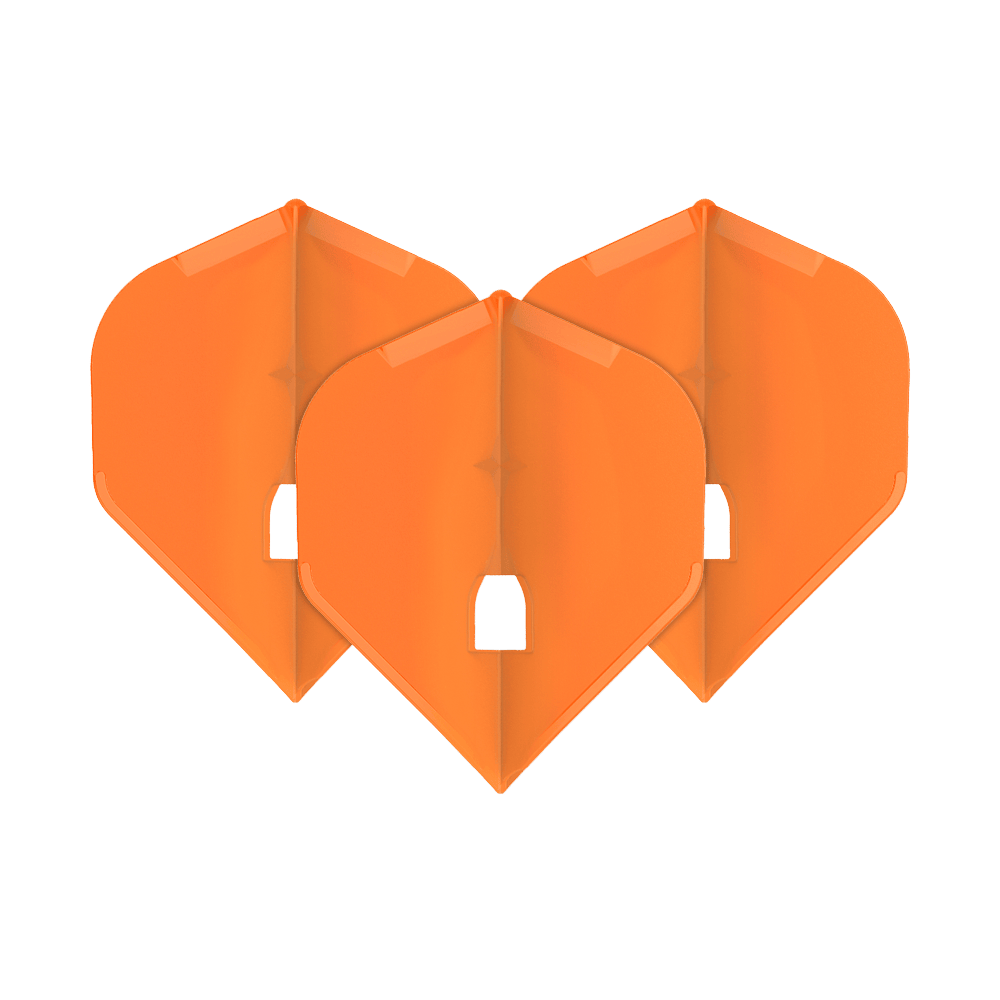 Alette stile L Champagne - L1PRO Standard Das Bild zeigt drei orangefarbene Dart-Flights in Standardform. Sie sind ordentlich nebeneinander angeordnet und haben eine glänzende Oberfläche.