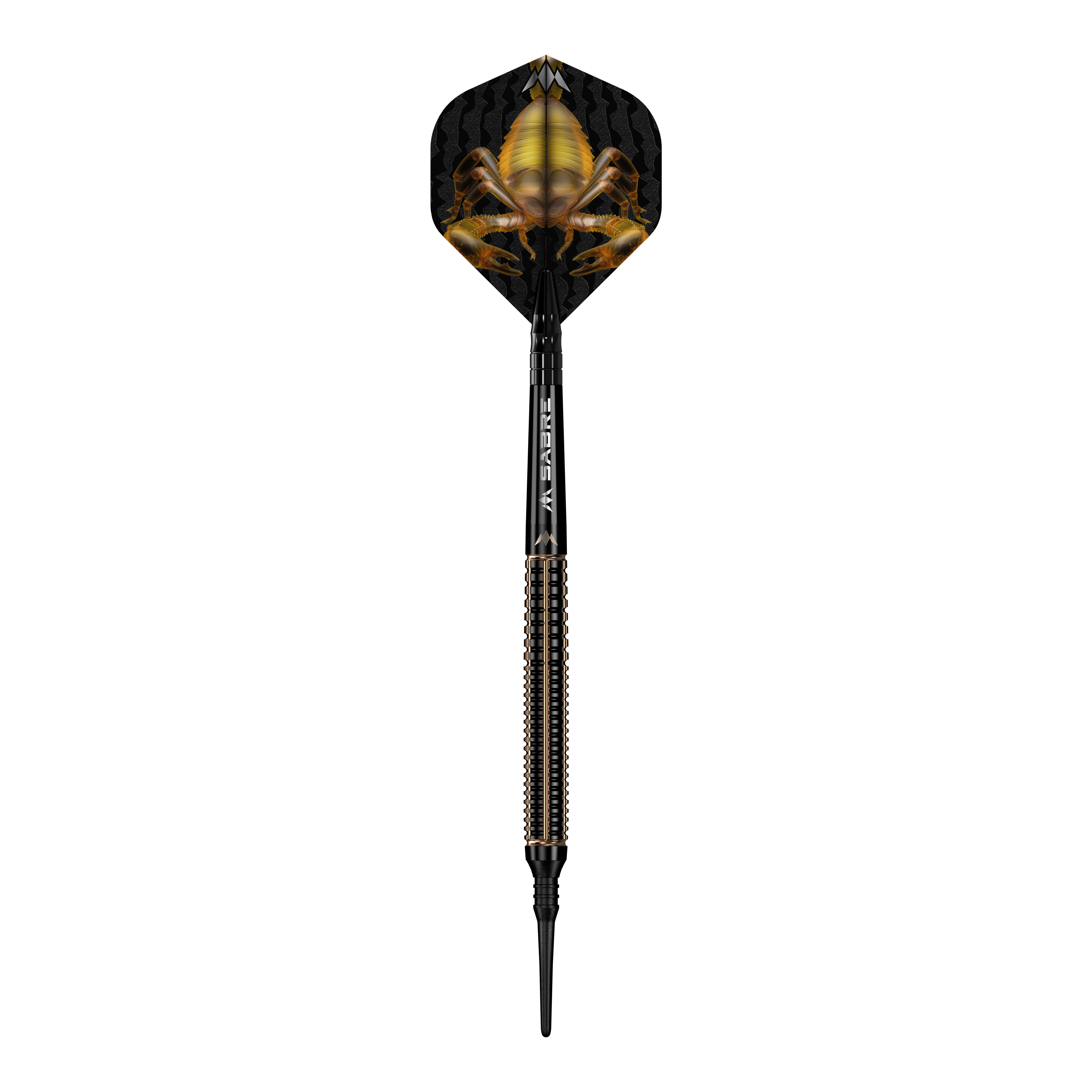 Freccette morbide Mission Scorpion - 19 g Das Bild zeigt einen Softdart namens "Mission Scorpion Softdarts - 19g". Auf dem Flight ist ein auffälliges Skorpion-Design in Gelb und Schwarz zu sehen.