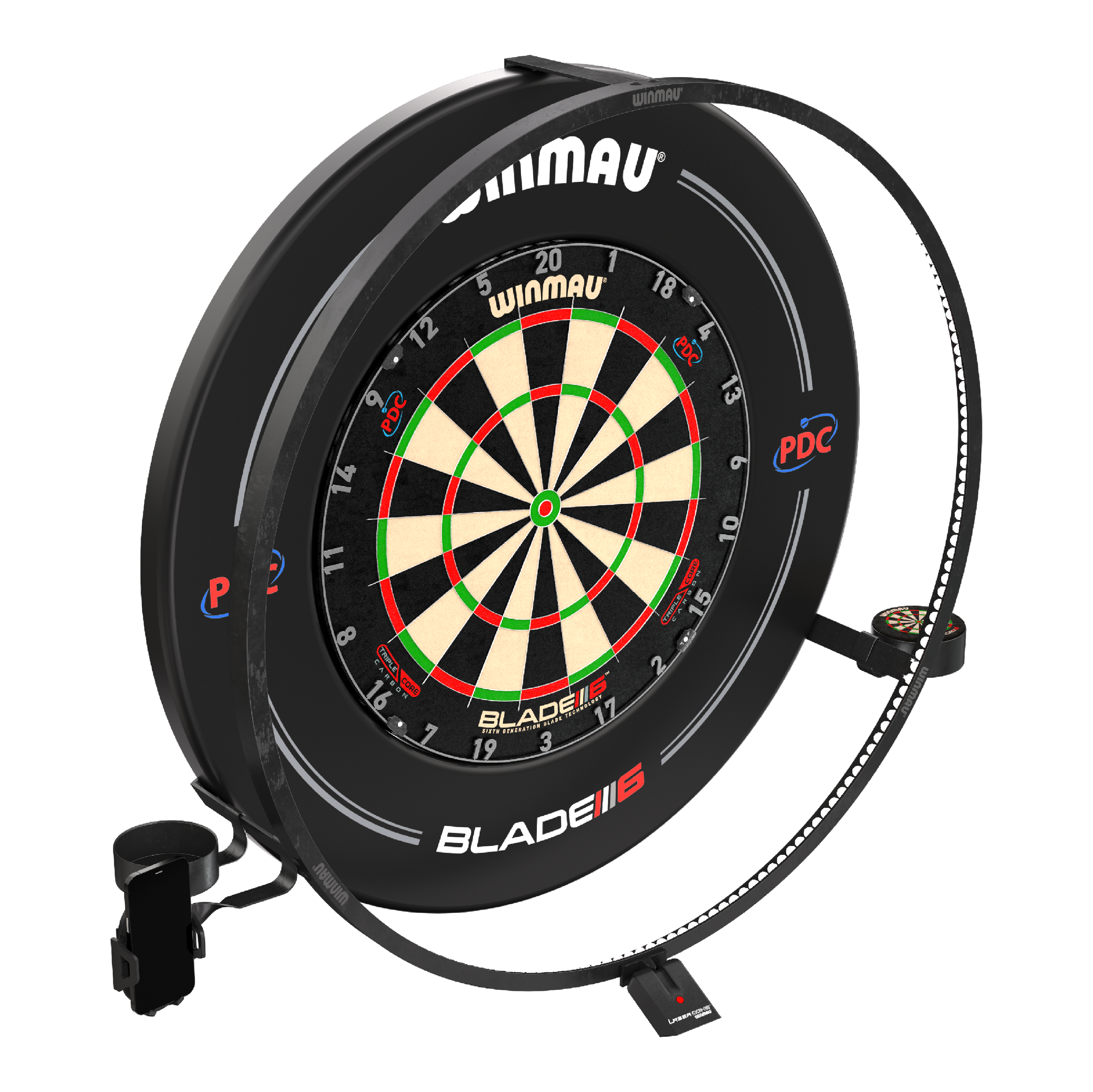 Set di accessori al plasma Winmau Das Bild zeigt das "Winmau Plasma Zubehör Set" für Dartscheiben. Es besteht aus einem beleuchteten LED-Ring und weiterem Zubehör rund um die Dartscheibe.