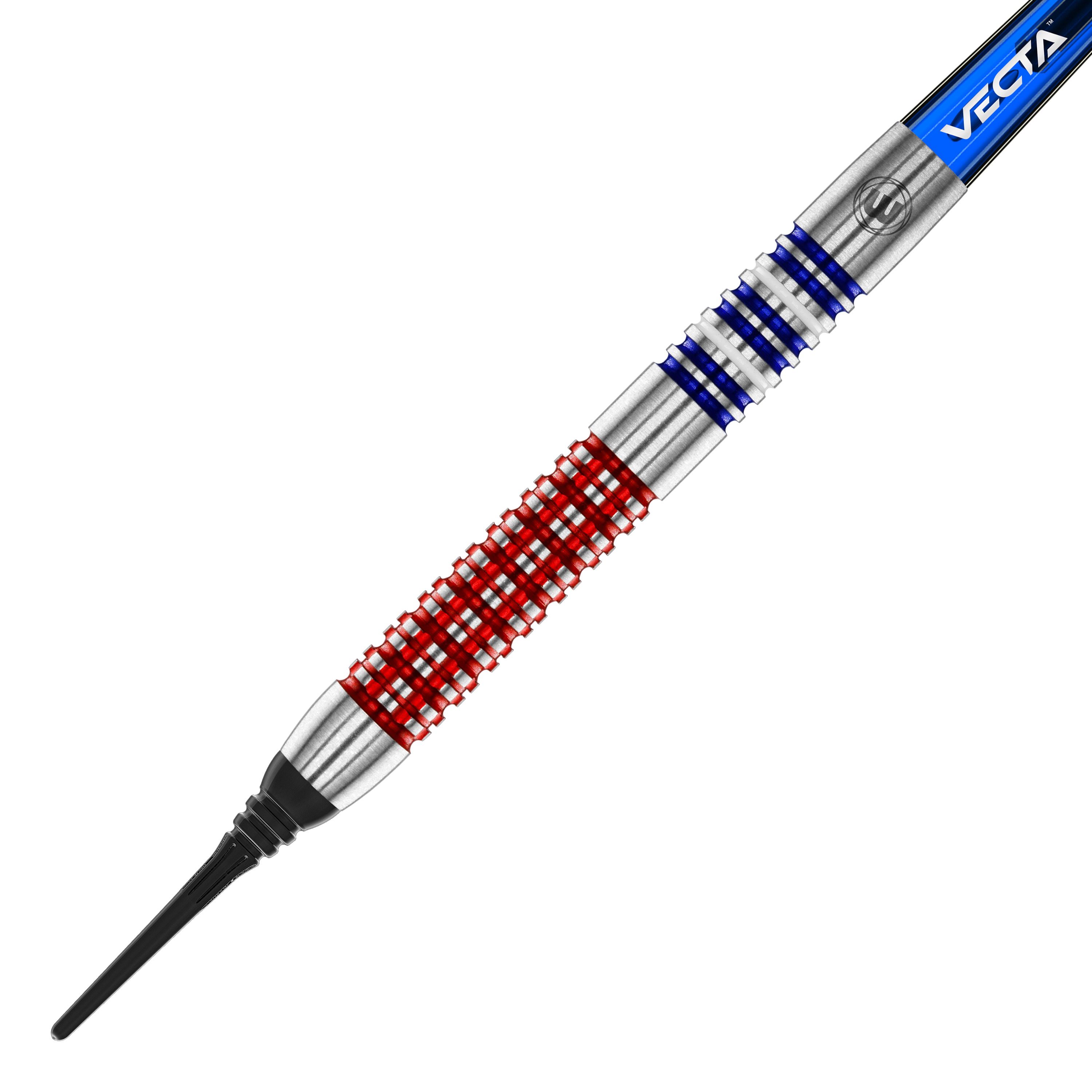 Freccette morbide Winmau Garrett Rakowski - 20g Auf dem Bild ist ein Softdart des Modells "Winmau Garrett Rakowski Softdarts - 20g" zu sehen. Der Dart hat ein auffälliges Design mit roten und blauen Ringen auf dem silbernen Barrel.