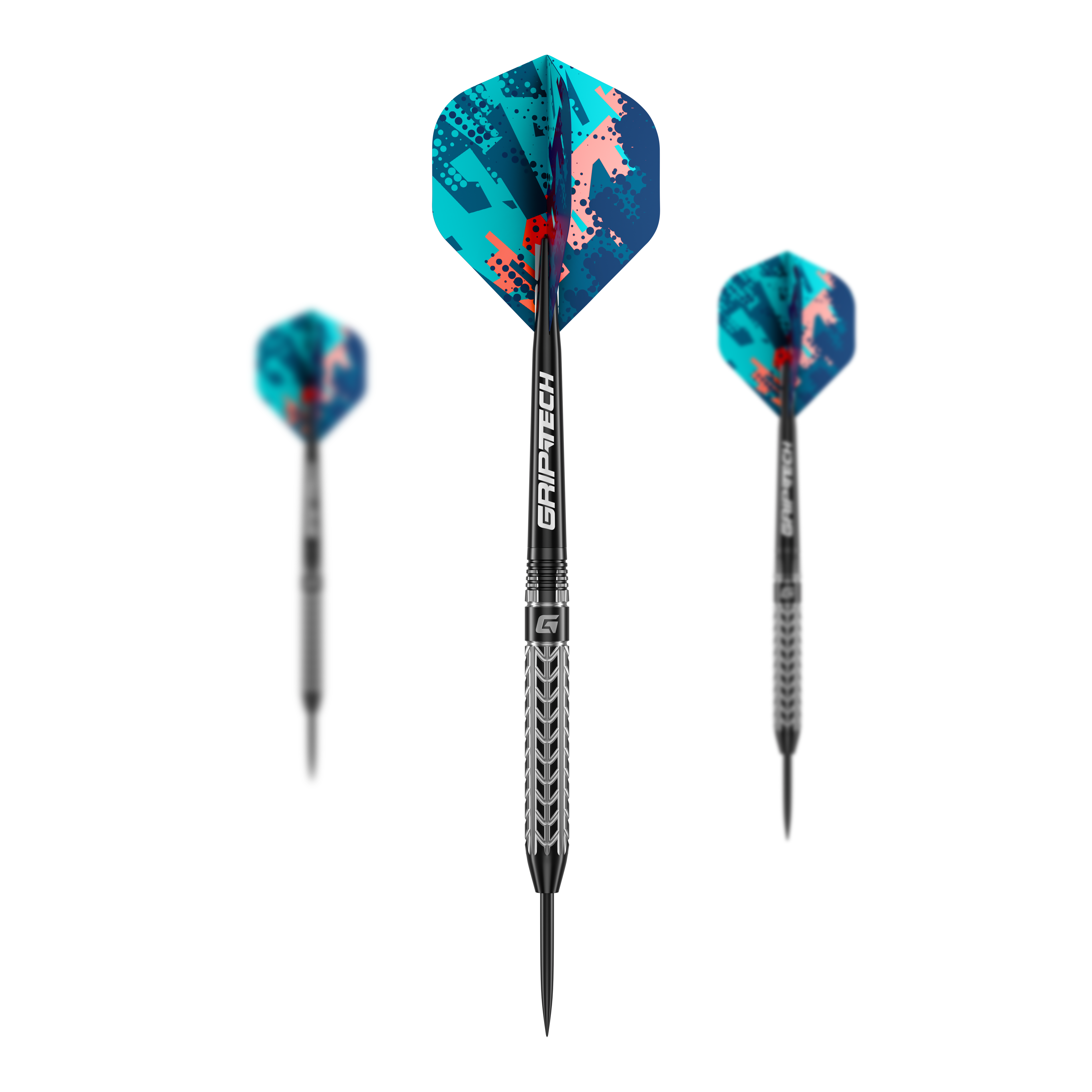 Freccette in acciaio al tungsteno GOAT Traction Das Bild zeigt drei GOAT Traction Tungsten Steeldarts mit bunten Flights in Blau- und Rottönen. Auf dem Mittelteil der Darts steht "GRIPTECH" geschrieben.