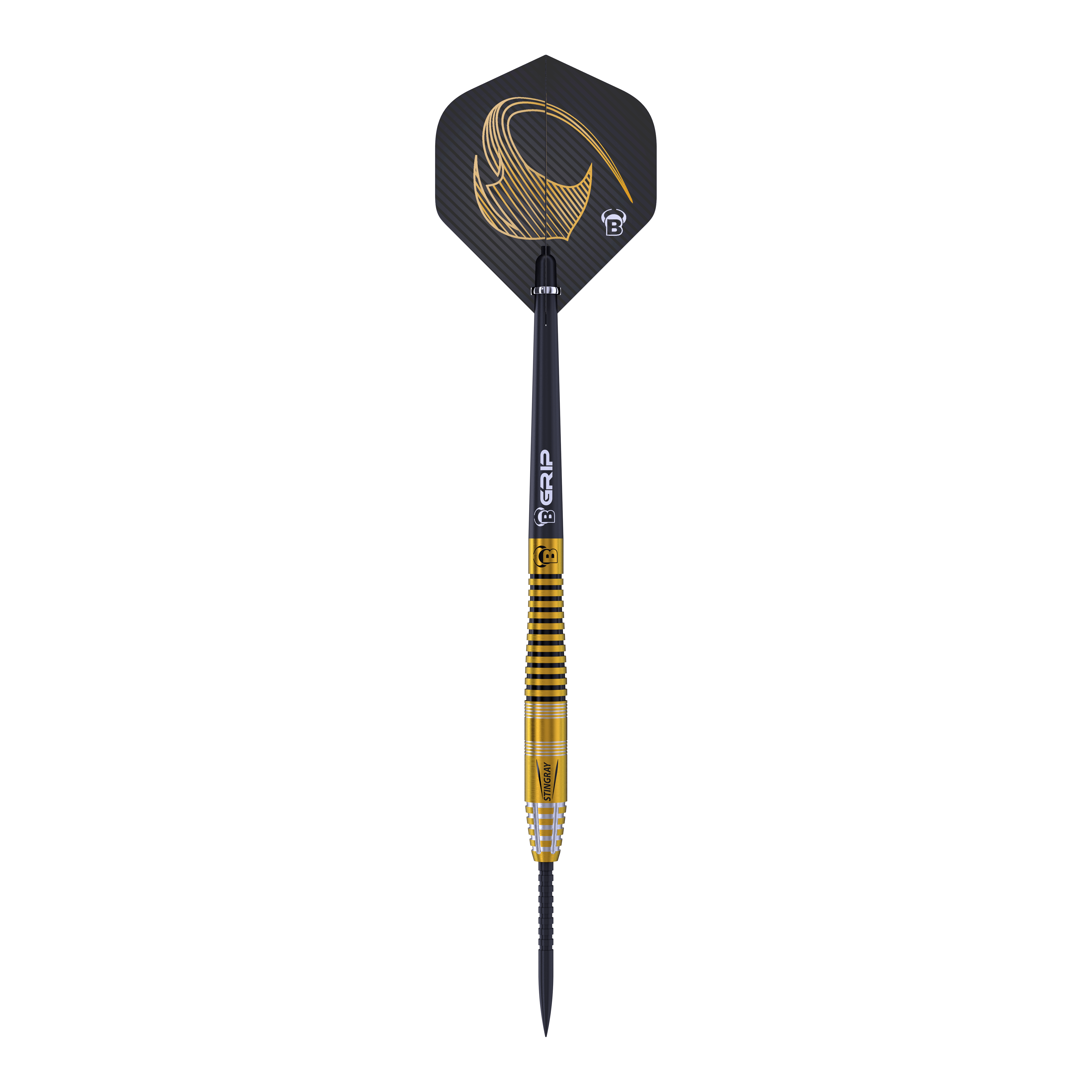 Freccette in acciaio Bulls Stingray ST3 Dies ist ein Steeldart aus der Bulls Stingray ST3 Serie. Der Dart hat ein schwarzes und goldenes Design mit feinen Rillen am Barrel.