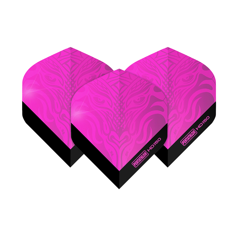 Voli standard Pentathlon HD150 rosa metallizzato Das Bild zeigt drei Pentathlon HD150 Metallic Pink Standard Flights. Die Flights sind leuchtend pink mit einem schwarzen unteren Rand und einem dekorativen Muster.