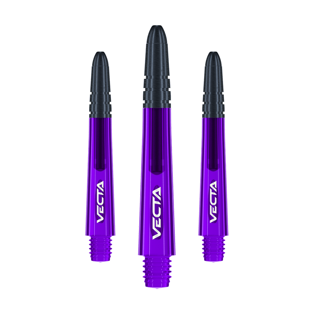 Winmau Vecta Shafts - Viola Nero Das Bild zeigt drei violett-schwarze Dartschäfte mit der Aufschrift "VECTA". Sie sind gleich lang und nebeneinander angeordnet.