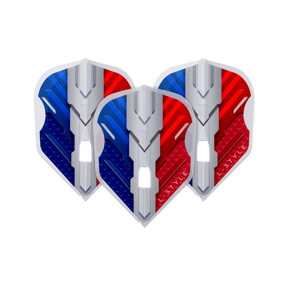 Alette L-Style V-Series V1 Tipo B Francia Bianco Trasparente L3PRO Das Bild zeigt drei Dart-Flights mit einem modernen Design in den Farben Blau, Weiß und Rot. Auf den Flights steht der Schriftzug "L-Style".