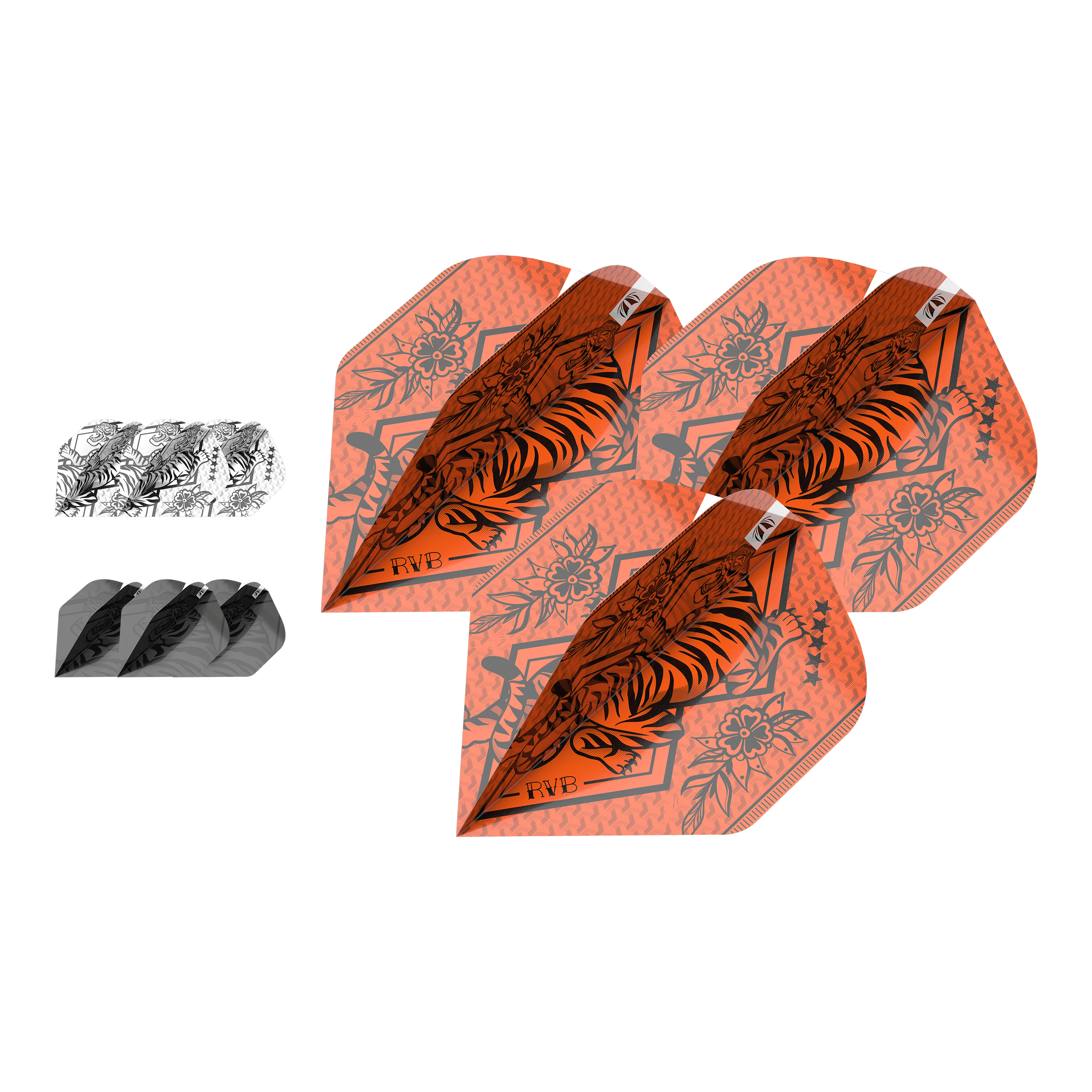 Target Ink Bundle 3 set di alette standard Raymond Van Barneveld No2 Das Bild zeigt drei Sätze Dartflights in verschiedenen Farben und Designs, darunter auffällige orangefarbene Flights mit Tiger-Motiv. Es handelt sich um das Produkt "Target Ink Bundle 3 Sets Raymond Van Barneveld No2 Standard Flights."