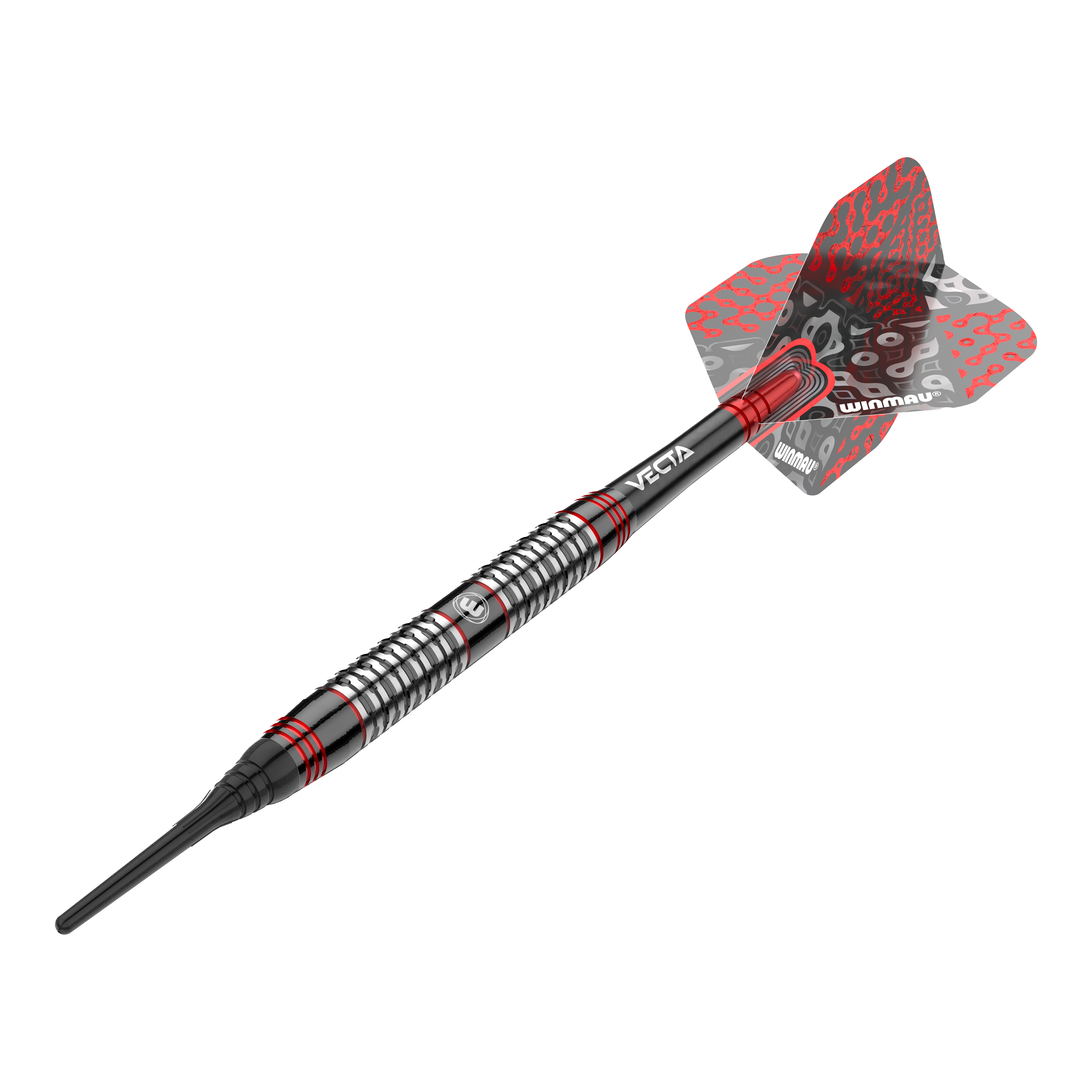 Freccette morbide Winmau Cypher - 20 g Dies ist ein Winmau Cypher Softdart mit einem Gewicht von 20 Gramm. Der Dart hat ein modernes Design mit schwarzen, silbernen und roten Akzenten.