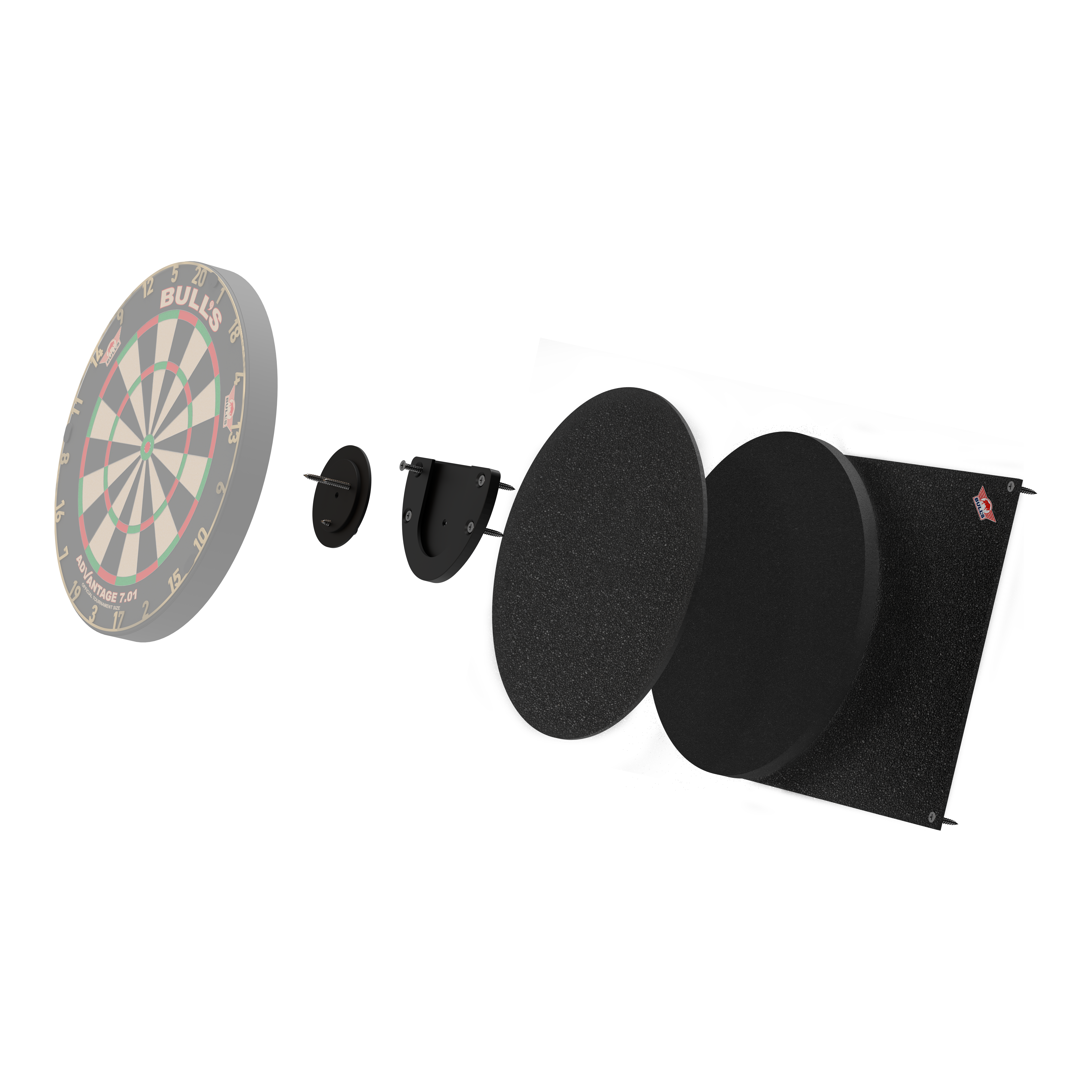 Silenziatore per bersaglio da freccette Bulls NL Das Bild zeigt das Produkt "Bulls NL Dartboard Silencer" in einer Explosionszeichnung. Die verschiedenen Teile sind einzeln dargestellt, darunter das Dartboard und mehrere schallabsorbierende Schichten.