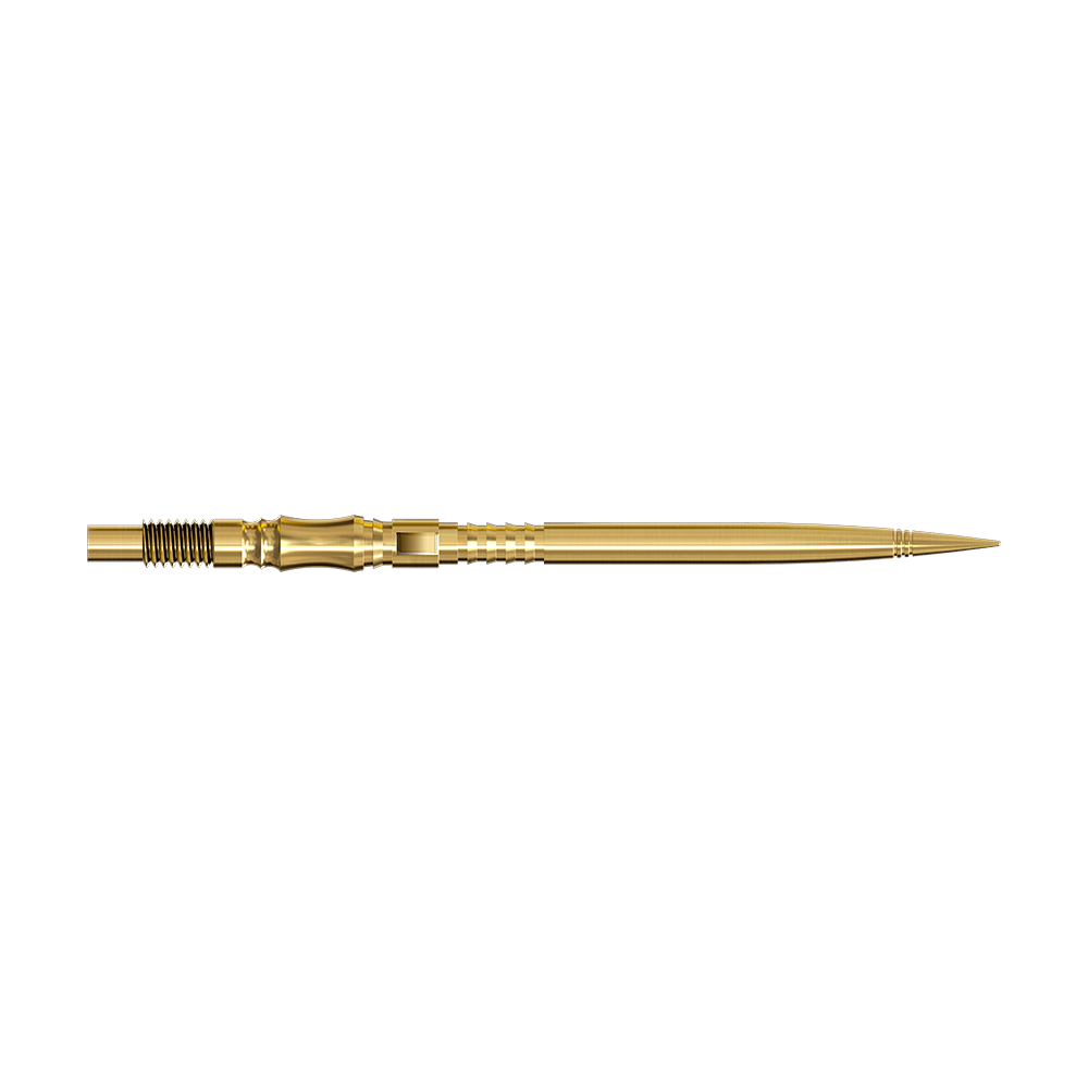 Punte per freccette Harrows Quick Point Axis Elite Series - Oro Zwei lange, goldene Dartspitzen werden seitlich gezeigt. Beide Spitzen liegen parallel auf einer hellen Fläche.