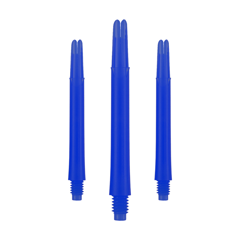 Auf dem Bild sind drei blaue, gerade Dartschäfte zu sehen. Sie stehen nebeneinander und haben unten ein Schraubgewinde.
