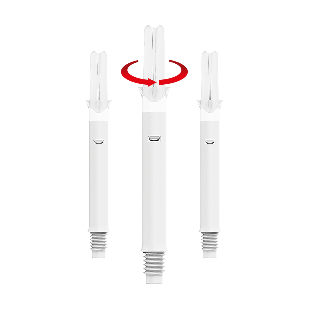 Das Bild zeigt drei weiße Dartshafts mit einem geraden Design. Über dem mittleren Shaft ist ein roter Pfeil zu sehen, der eine Drehbewegung anzeigt.