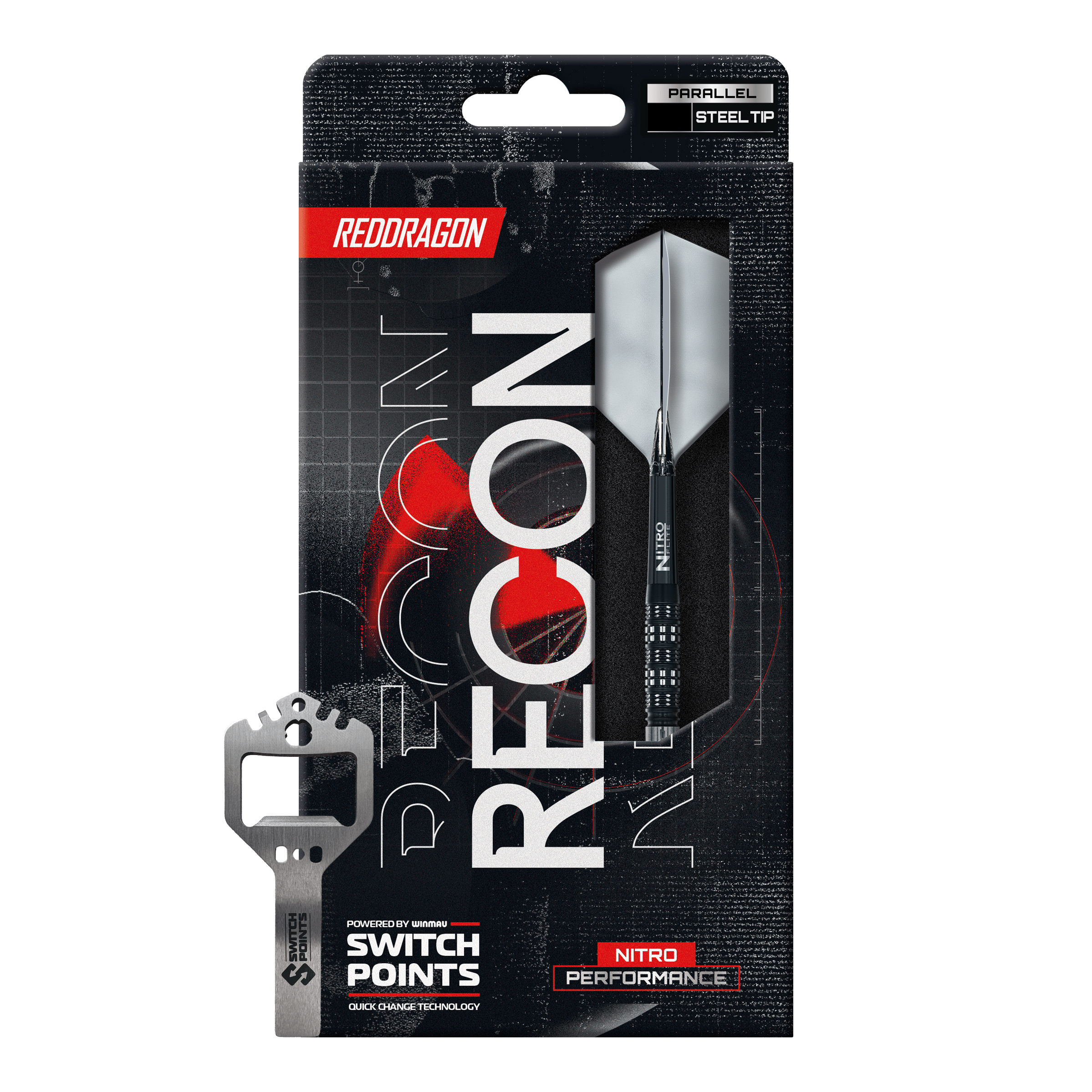 Dardi d'acciaio paralleli Red Dragon Recon Abgebildet sind die Red Dragon Recon Parallel Steeldarts. Das Bild zeigt das Design und die Form der Steeldarts.