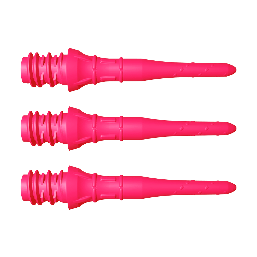 L-Style Premium Lippoints Short (30er Pack) Das Bild zeigt drei kurze, neonpinke Dartspitzen, die nebeneinander liegen. Sie haben ein strukturiertes Gewinde am hinteren Ende und eine glatte, spitz zulaufende Vorderseite.