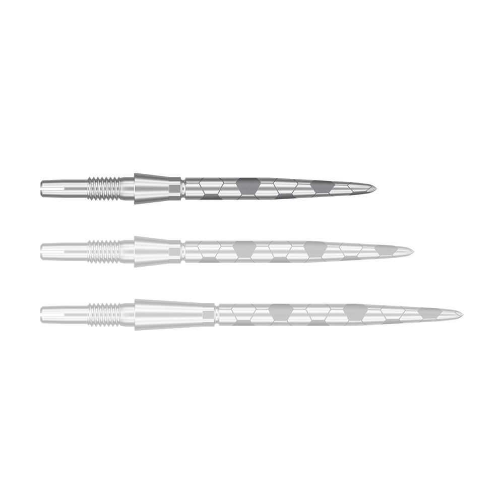 Das Bild zeigt drei silberne Dartspitzen mit einem sechseckigen Muster. Sie sind parallel nebeneinander angeordnet und haben eine glatte, metallische Oberfläche.
