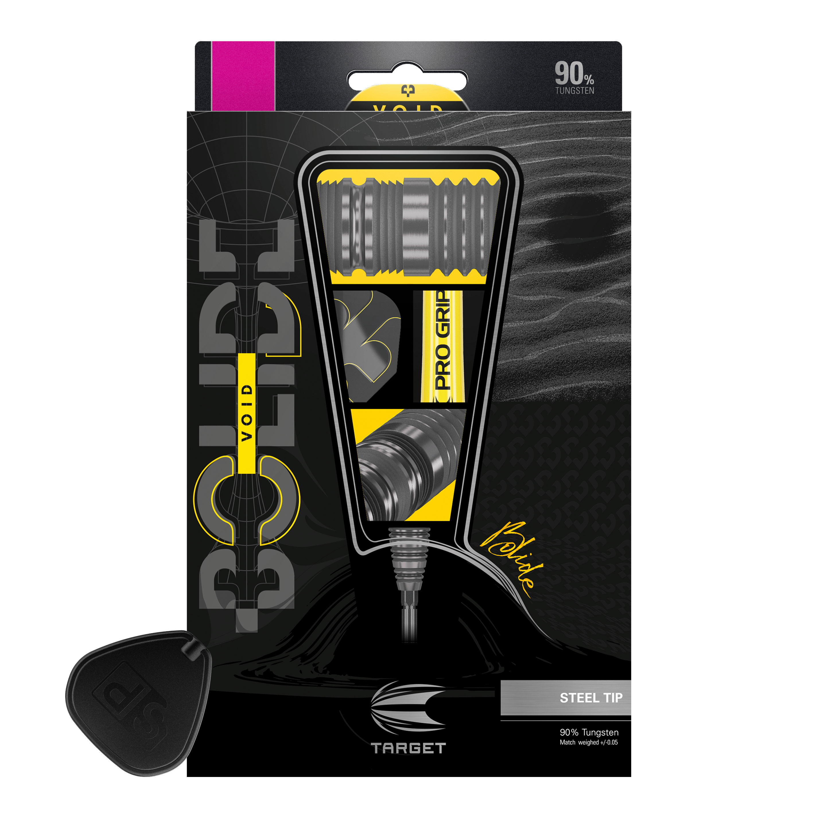 Freccette in acciaio Target Bolide Void 02 Swiss Point Das Bild zeigt die Verpackung der "Target Bolide Void 02 Swiss Point Steeldarts". Die Darts bestehen zu 90% aus Tungsten und haben eine Stahlspitze.