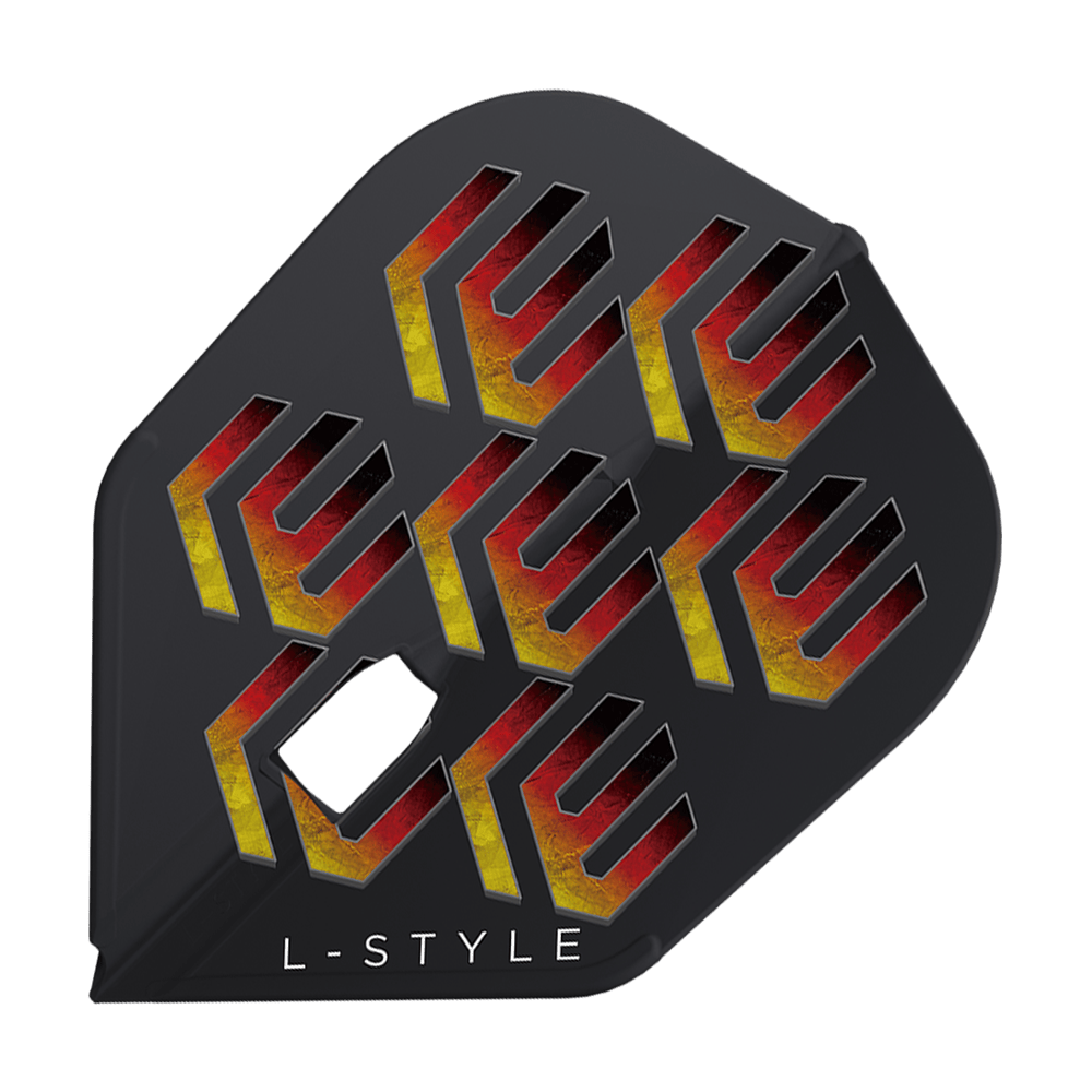 Alette L-L-Styleukas Wenig V1 nere L3PRO Auf dem Bild ist ein schwarzes Dartflight mit modernen, gelb-rot gefärbten Mustern zu sehen. Unten steht der Schriftzug "L-Style" aufgedruckt.