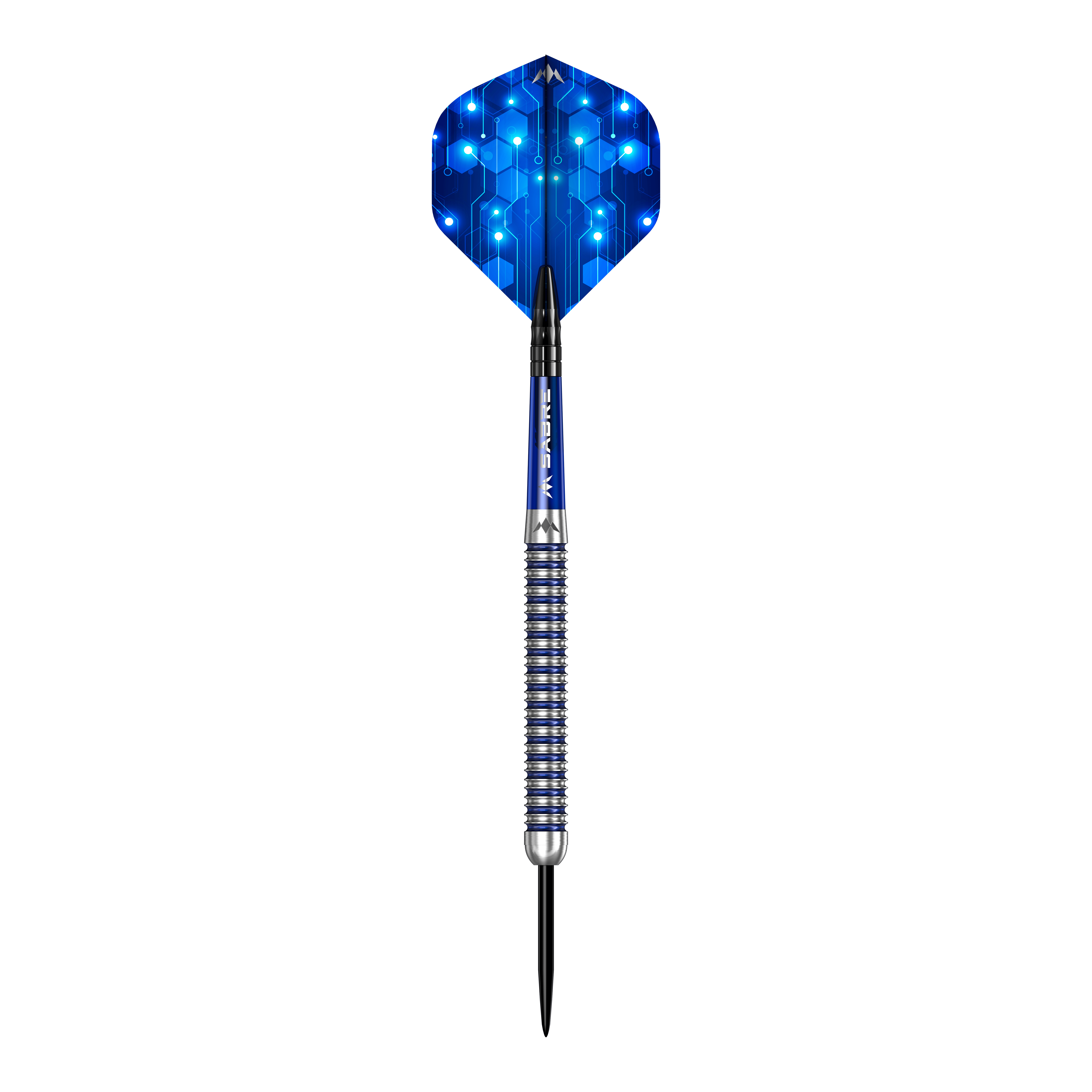 Das Bild zeigt die Mission ION Blue Silver Steeldarts. Die Darts sind in Blau und Silber gehalten.