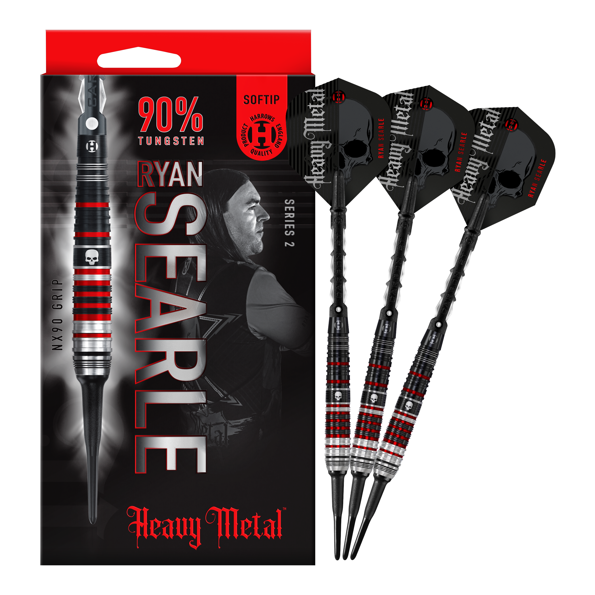 Freccette morbide Ryan Searle Heavy Metal Series 2 di Harrow Das Bild zeigt die "Harrows Ryan Searle Heavy Metal Series 2 Softdarts" mit einer Verpackung und drei Darts. Die Darts bestehen zu 90 % aus Wolfram und haben ein schwarzes und rotes Design mit Totenkopf-Motiv.