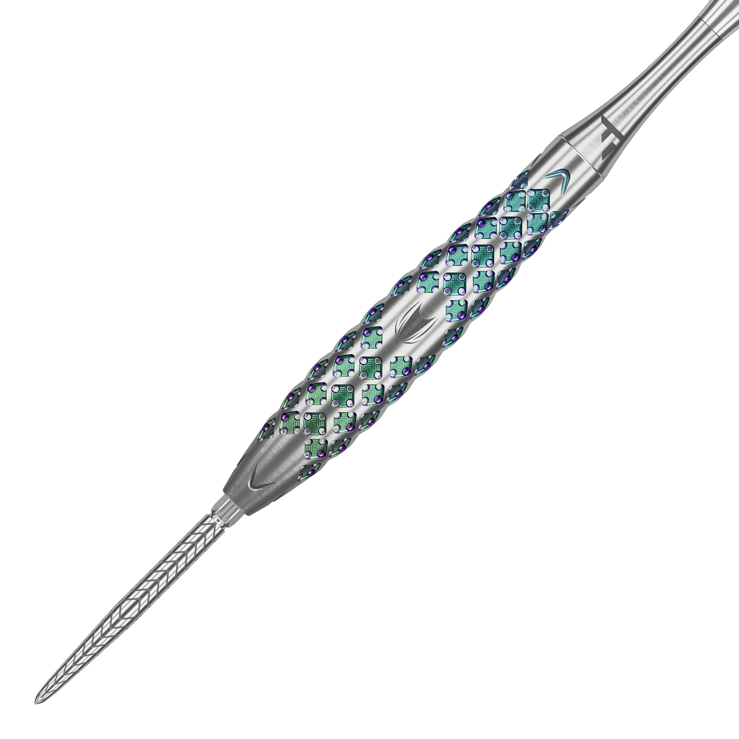 Freccette in acciaio Target Rove 02 Swiss Point Das Bild zeigt einen Target Rove 02 Swiss Point Steeldart. Der Dartpfeil hat ein silbernes Gehäuse mit auffälligem, farbigem Muster und präziser Gravur.
