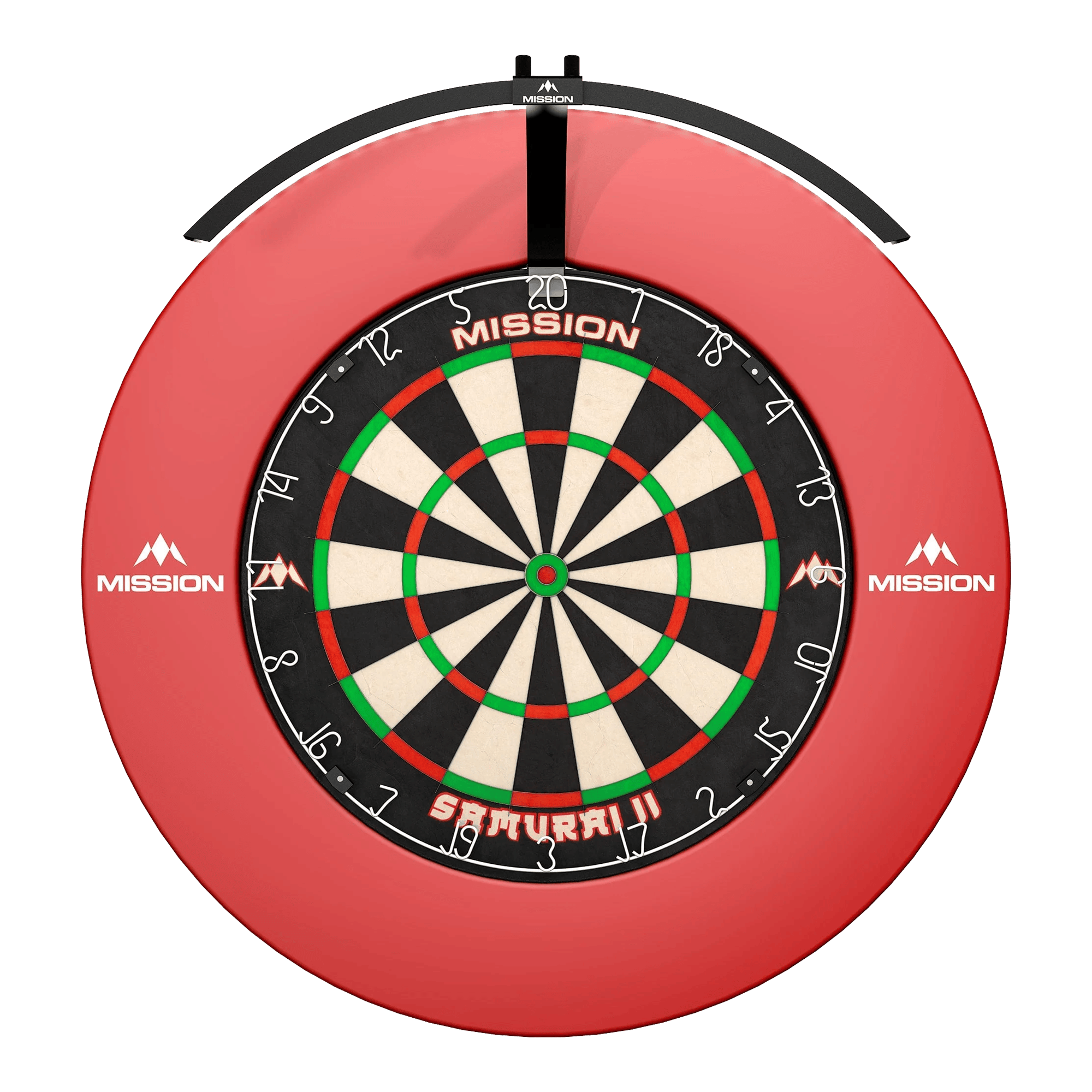 Illuminazione per bersaglio per freccette a LED pieghevole Mission Torus 100 Das Bild zeigt ein rundes, beleuchtetes LED-Dartboard mit der Aufschrift "Mission Torus 100" und "Samurai II" in der Mitte. Das Dartboard ist von einem roten Schutzring mit dem Mission-Logo umgeben.