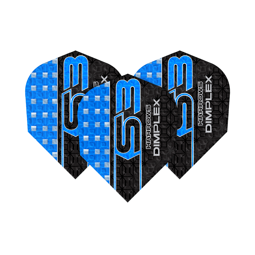 Voli Harrows Dimplex S3 - Blu Das Bild zeigt drei blaue Harrows Dimplex S3 Flights für Darts. Die Flights haben ein auffälliges Design mit blauen und schwarzen Mustern sowie der Aufschrift "S3" und "Dimplex".