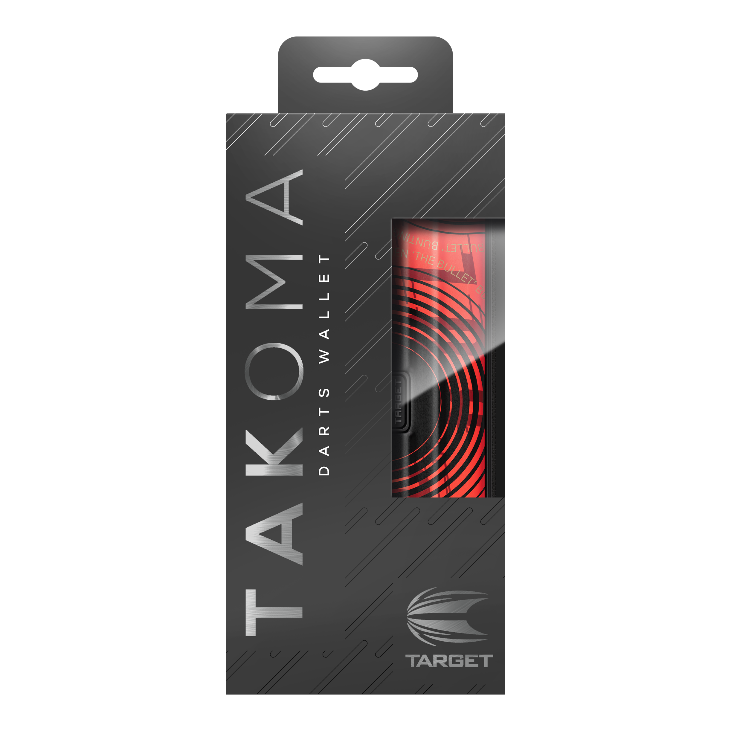 Astuccio per freccette Target Takoma Stephen Bunting Die Abbildung zeigt die Verpackung des Produktes „Target Takoma Stephen Bunting Dartcase“. Das Etui ist rot-schwarz gestaltet und befindet sich in einer eleganten, schwarzen Box mit Sichtfenster.