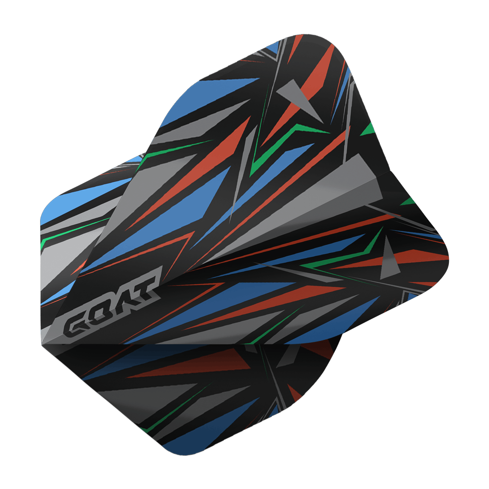 Voli standard GOAT Athlete Black No2 Das Bild zeigt das Produkt "GOAT Athlete Black No2 Standard Flights". Das Flight hat ein auffälliges, geometrisches Muster in Schwarz, Blau, Rot, Grün und Grau.