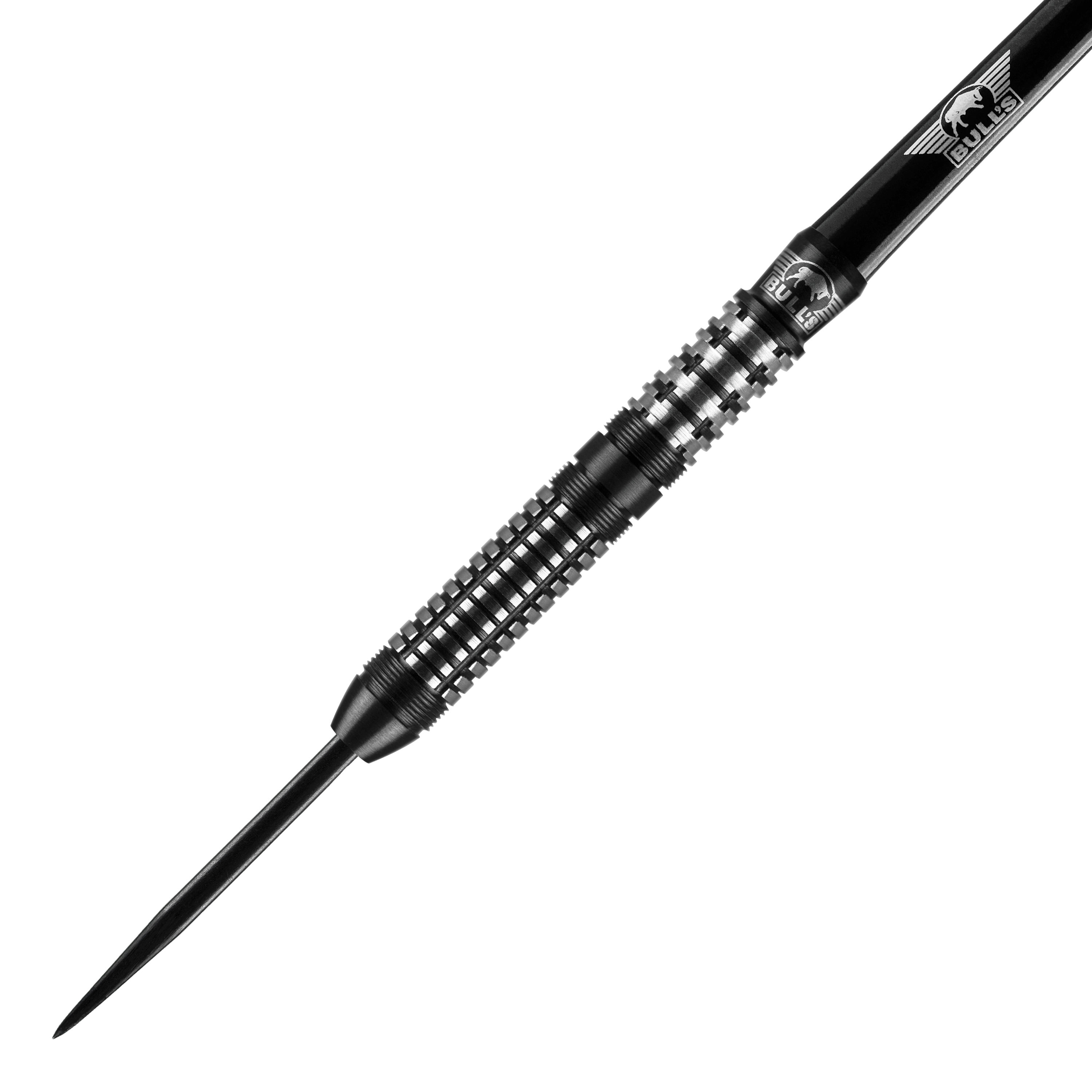 Bulls NL Luna Neoma freccette in acciaio Das Bild zeigt einen Bulls NL Luna Neoma Steeldart. Der Dartpfeil ist schwarz-silbern und hat ein feines, geriffeltes Griffdesign.