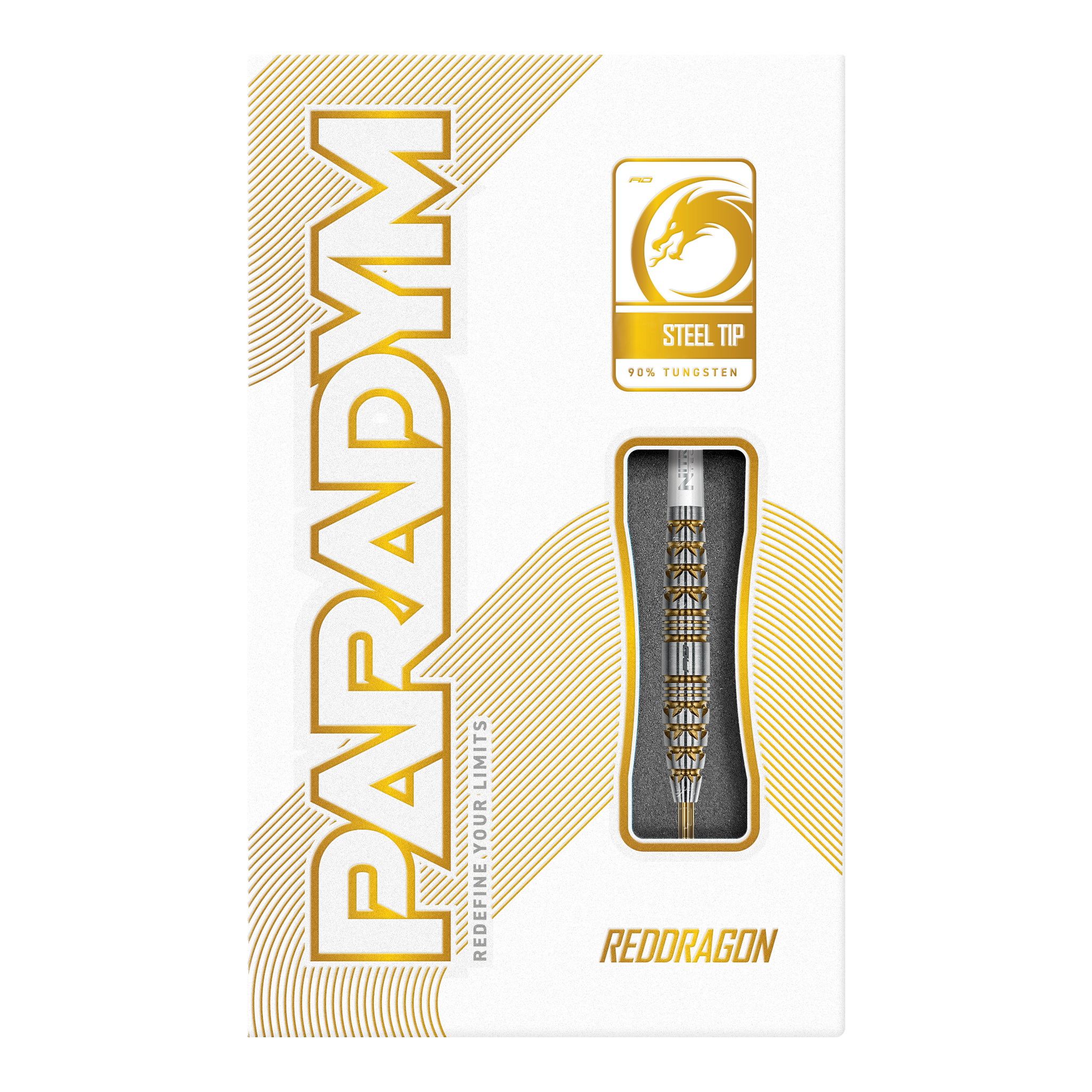 Freccette in acciaio Red Dragon Paradym Gold Torpedo Abgebildet ist das Produkt Red Dragon Paradym Gold Torpedo Steeldarts. Es handelt sich um hochwertige Steeldarts mit goldfarbenem Design.