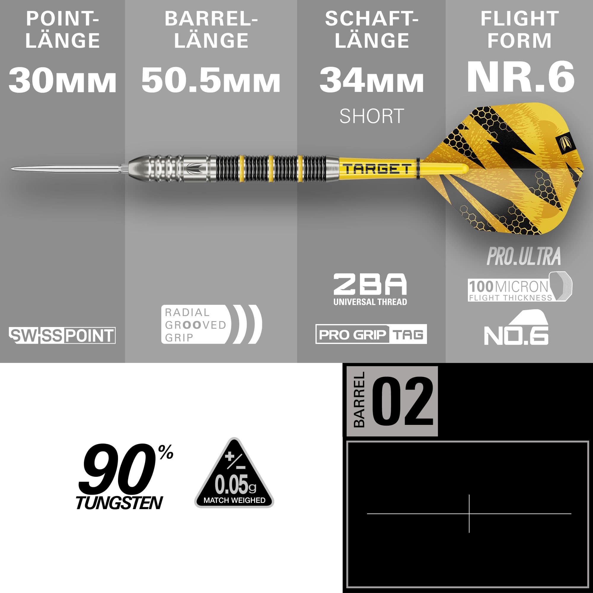 Freccette in acciaio Target Buzz 02 Swiss Points Hier sieht man die Target Buzz 02 Swiss Points Steeldarts. Die Darts sind deutlich und im Detail abgebildet.