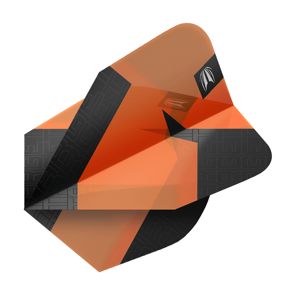 Target Pro Ultra TAG Orange Ten-X Standard Flights - 3 set Das Bild zeigt ein orange-schwarzes Dart-Flight mit geometrischem Muster. Es handelt sich um das Produkt "Target Pro Ultra TAG Orange Ten-X Standard Flights - 3 Sets".
