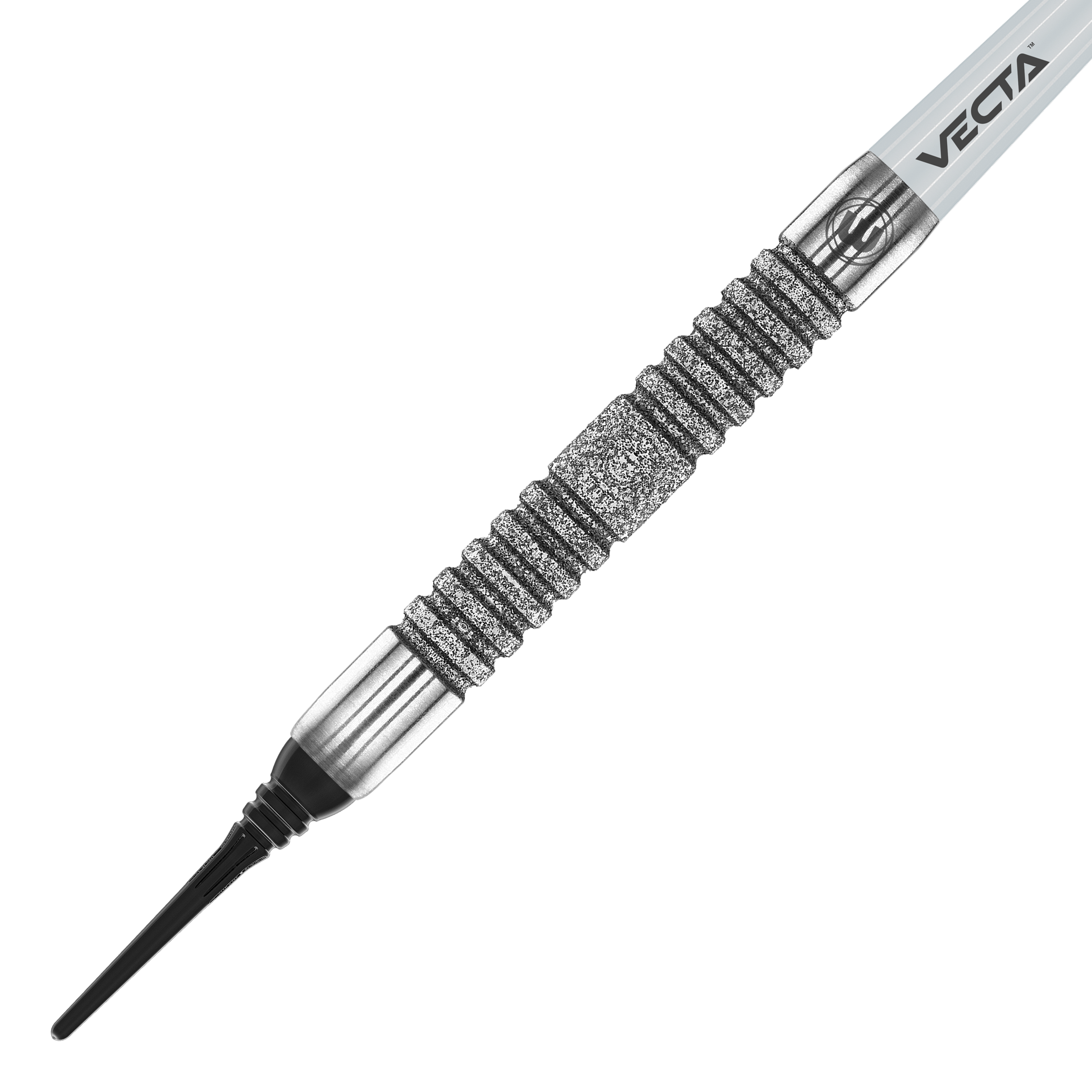 Freccette morbide Winmau Jules Van Dongen - 20g Das Bild zeigt den Winmau Jules Van Dongen Softdart mit einem Gewicht von 20g. Der Dart hat ein silbernes, geriffeltes Griffstück und eine schwarze Spitze.
