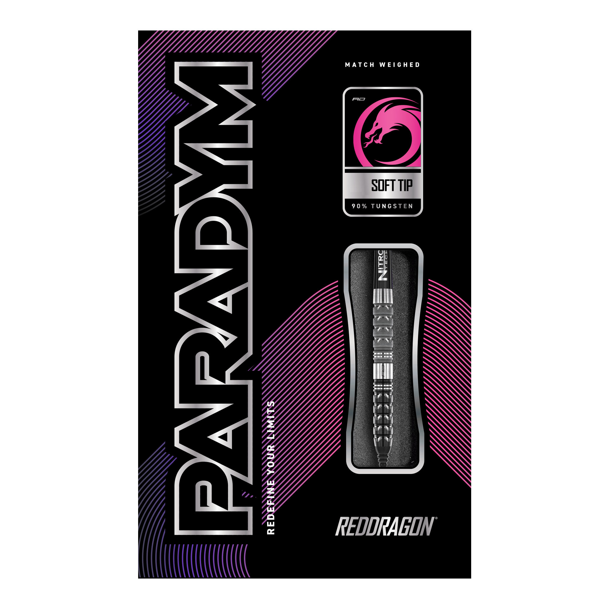 Freccette morbide coniche Red Dragon Paradym - 20 g Das Bild zeigt die Verpackung der "Red Dragon Paradym Tapered Softdarts - 20g". Die Verpackung ist schwarz mit auffälligen pinken und silbernen Akzenten und zeigt den Dartpfeil und das Red Dragon Logo.