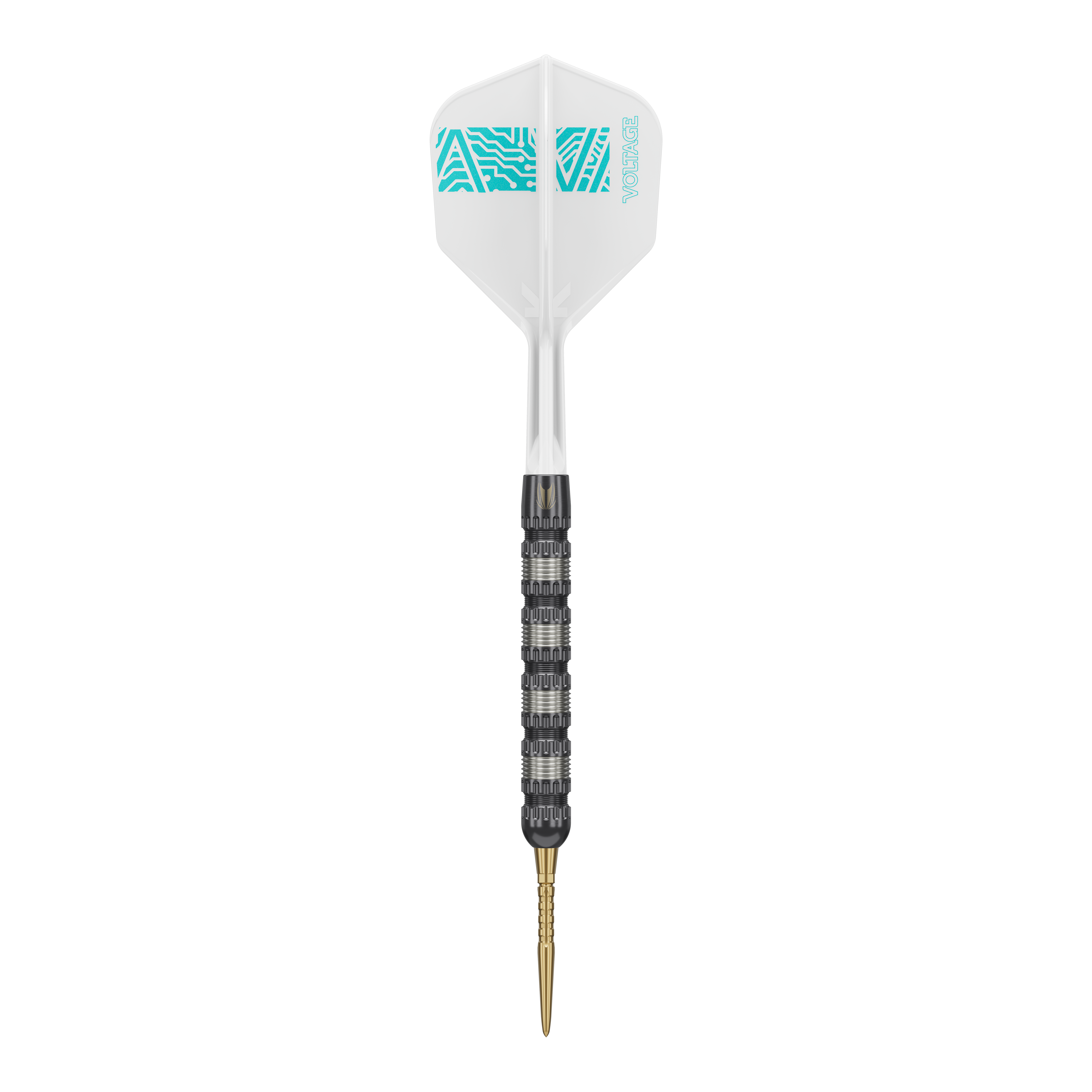 Freccette Target Rob Cross 95K Swiss Point Steel Das Bild zeigt einen Target Rob Cross 95K Swiss Point Steeldart. Der Dart hat eine weiße Flügel mit blauen Mustern und einen schwarzen, strukturierten Schaft mit einer goldenen Spitze.