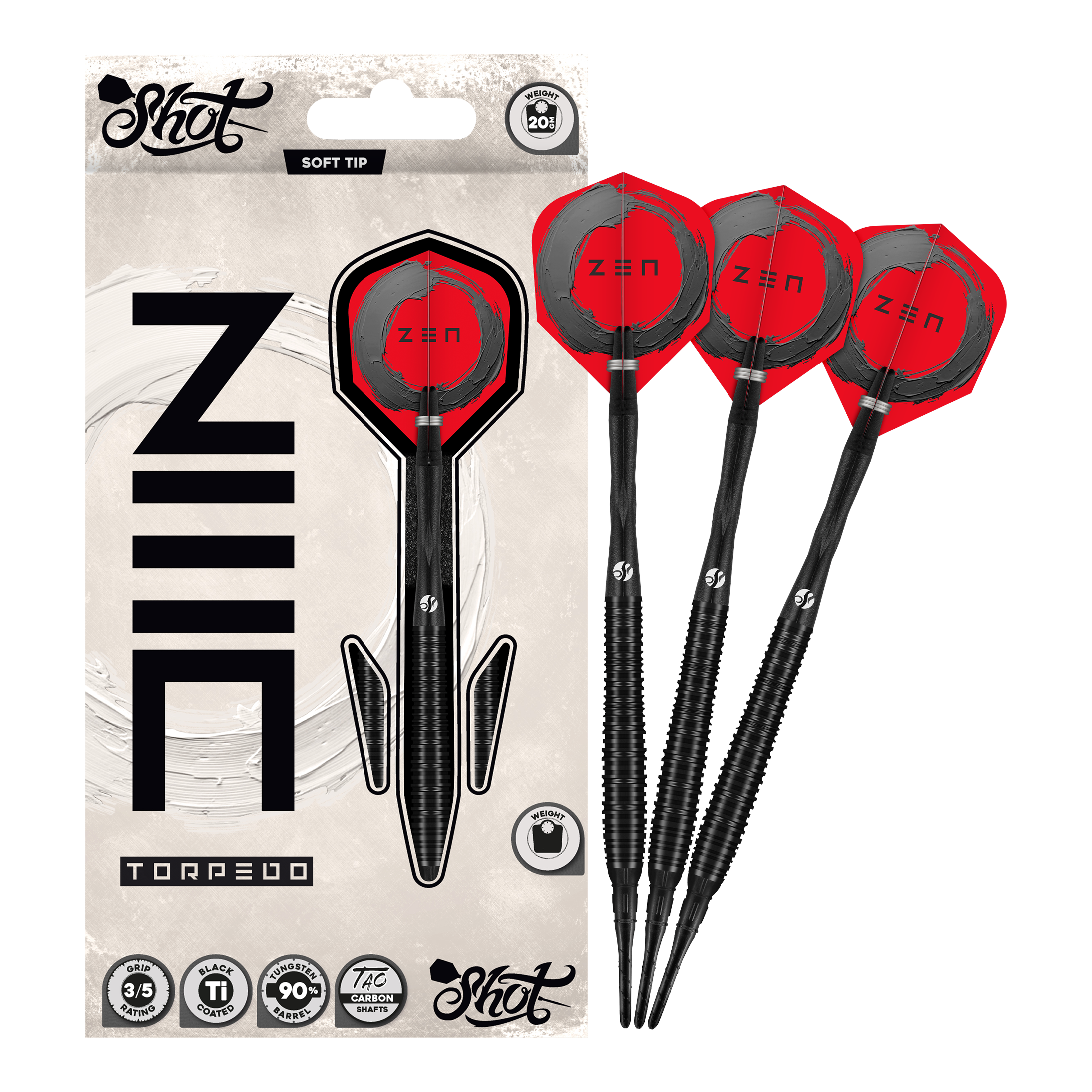 Freccette morbide Shot ZEN Torpedo - 20 g Abgebildet sind die Shot ZEN Torpedo Softdarts - 20g in voller Länge. Der Dart ist für Präzision Wurftechnik bekannt.