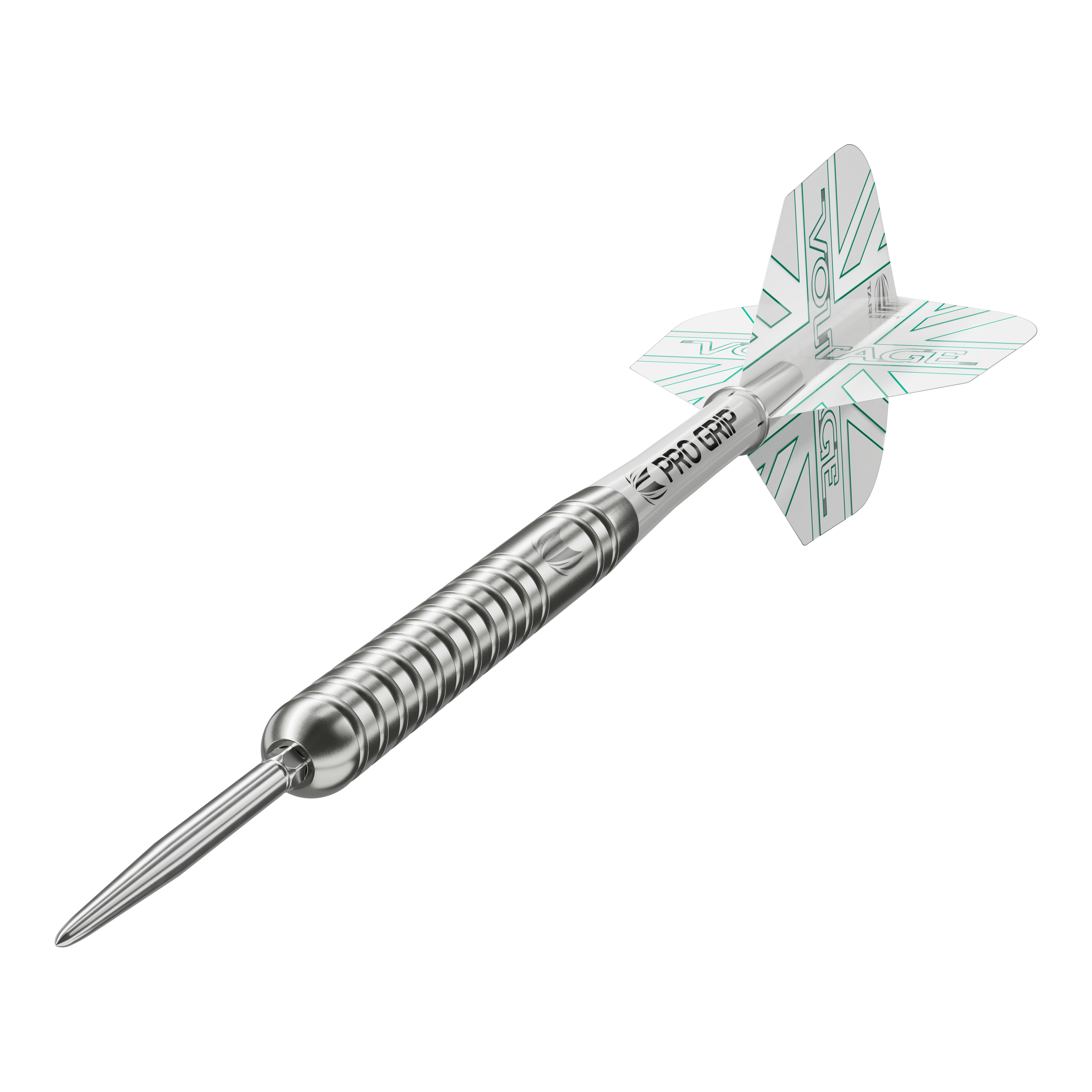 Freccette in acciaio Target Rob Cross Voltage Swiss Point Das Bild zeigt einen Target Rob Cross Voltage Swiss Point Steeldart. Der Dartpfeil ist silbern und hat weiße Flights mit grünen Akzenten.