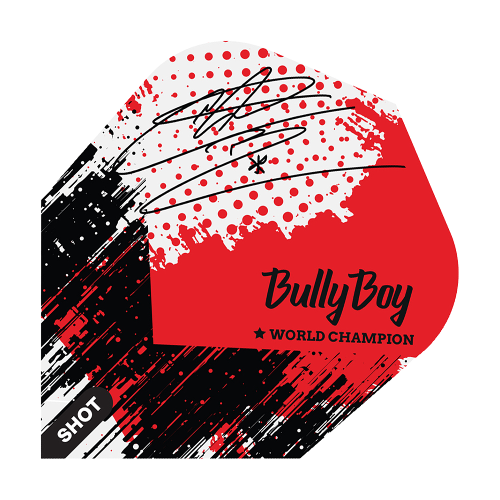 Shoto con l'arco Michael Smith Bully Boy Game Day No6 Flights Das Bild zeigt ein Dart-Flight mit einem modernen, rot-schwarzen Design und einem Autogramm. Auf dem Flight steht "Bully Boy" und "World Champion" sowie das Markenlogo "Shot".