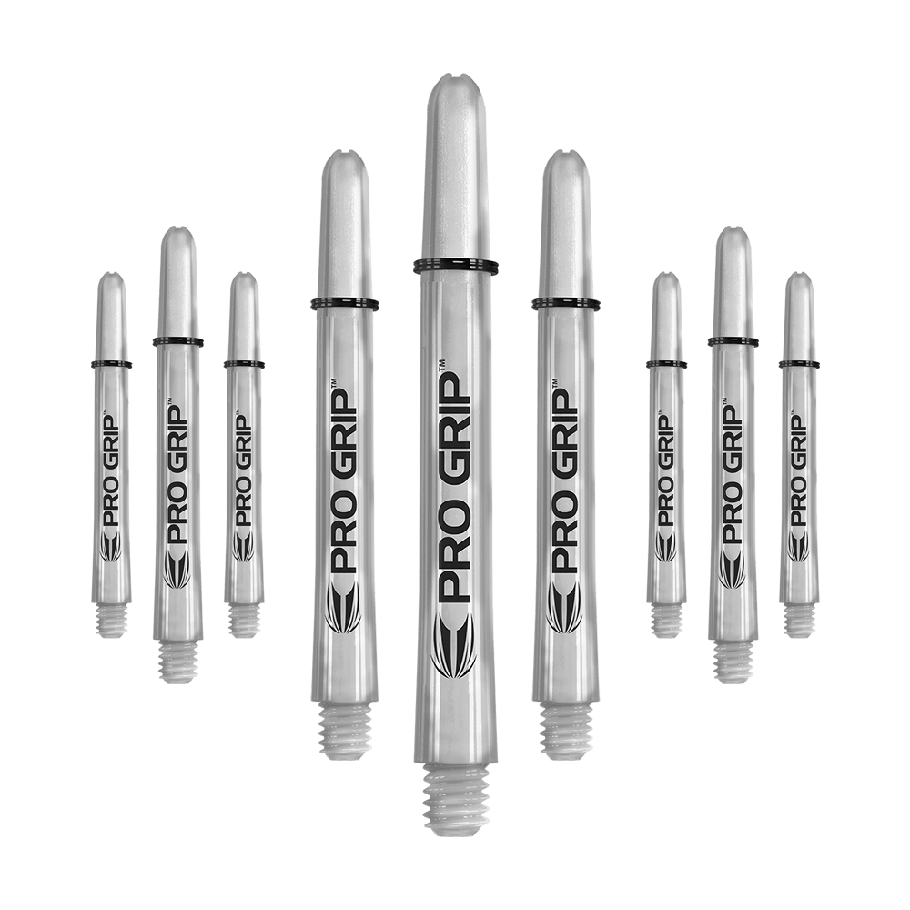 Das Bild zeigt neun transparente Pro Grip Shafts für Dartpfeile. Die Shafts haben eine Länge von 48 mm und sind mit schwarzem Schriftzug und Logo versehen.