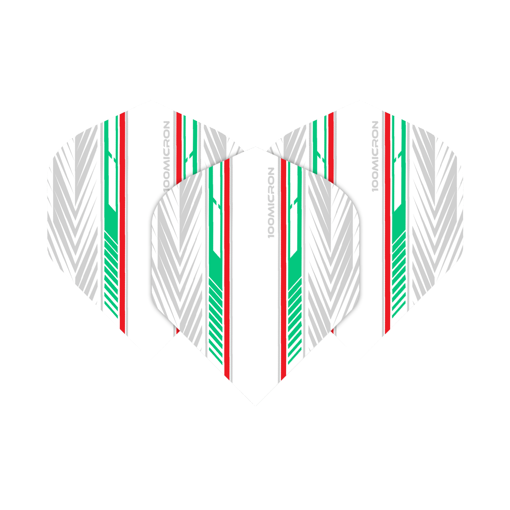 Voli Pentathlon bianchi/verdi/rossi Das Bild zeigt die "Pentathlon White Green Red No2 Standard Flights" für Dartpfeile. Die Flights sind weiß mit auffälligen grünen, roten und silbernen Streifen gestaltet.