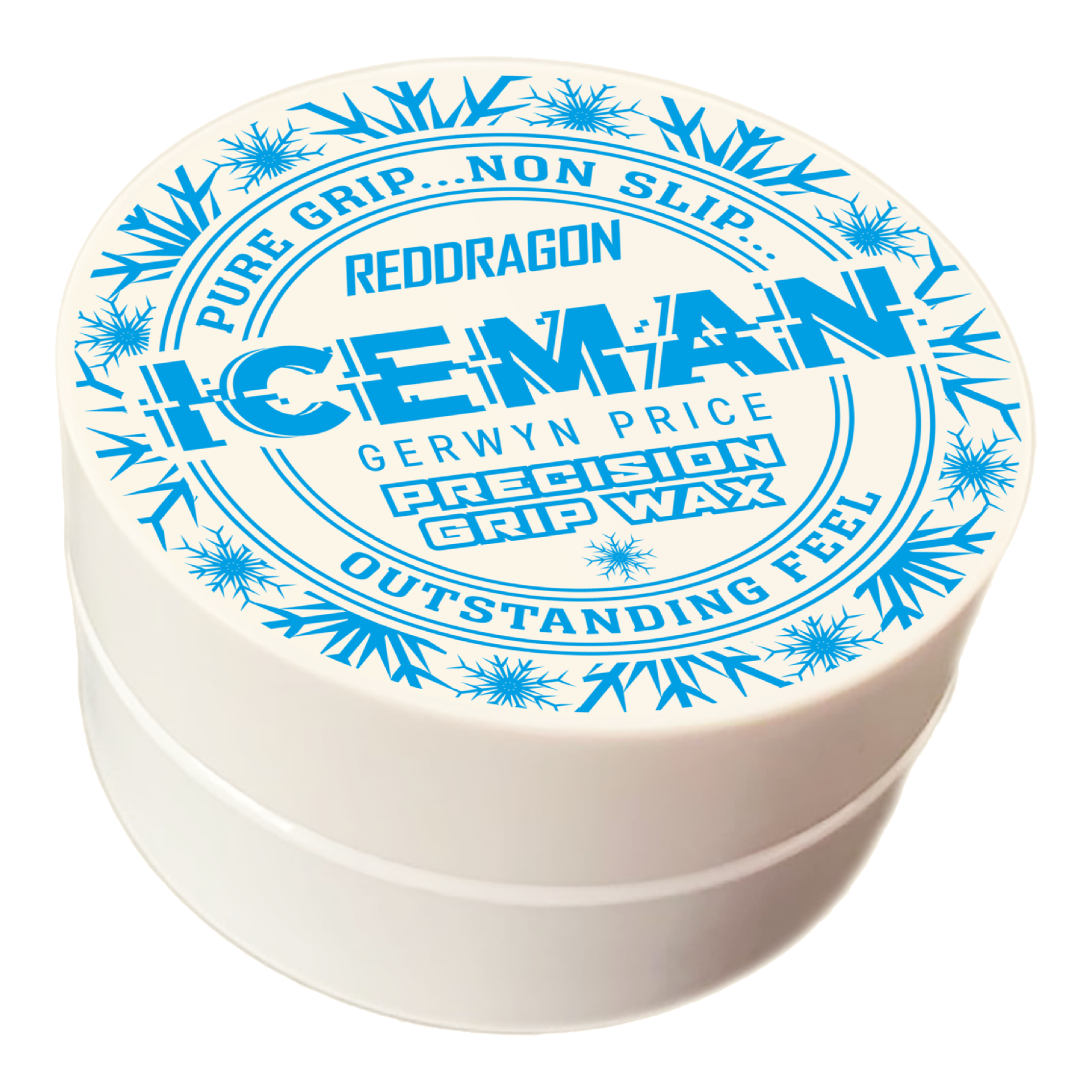 Cera per dita Red Dragon Gerwyn Price Iceman Precision Grip Wax Das Bild zeigt eine weiße Dose mit der Aufschrift „Red Dragon Gerwyn Price Iceman Precision Grip Wax“. Auf dem Deckel sind blaue Schneeflocken und Werbeslogans wie „Pure Grip… Non Slip… Outstanding Feel“ abgebildet.