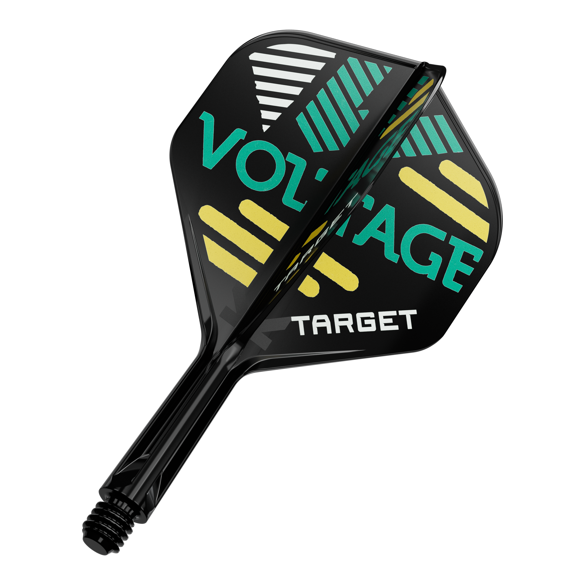 Sistema di alberi di volo standard Target K-Flex Rob Cross No2 Das Bild zeigt ein Dartflight- und Shafts-Set in Schwarz mit bunten grafischen Elementen und der Aufschrift „VOLTAGE“ sowie „TARGET“. Das Design besteht aus gelben, grünen und weißen Streifen auf den Flügeln des Flights.