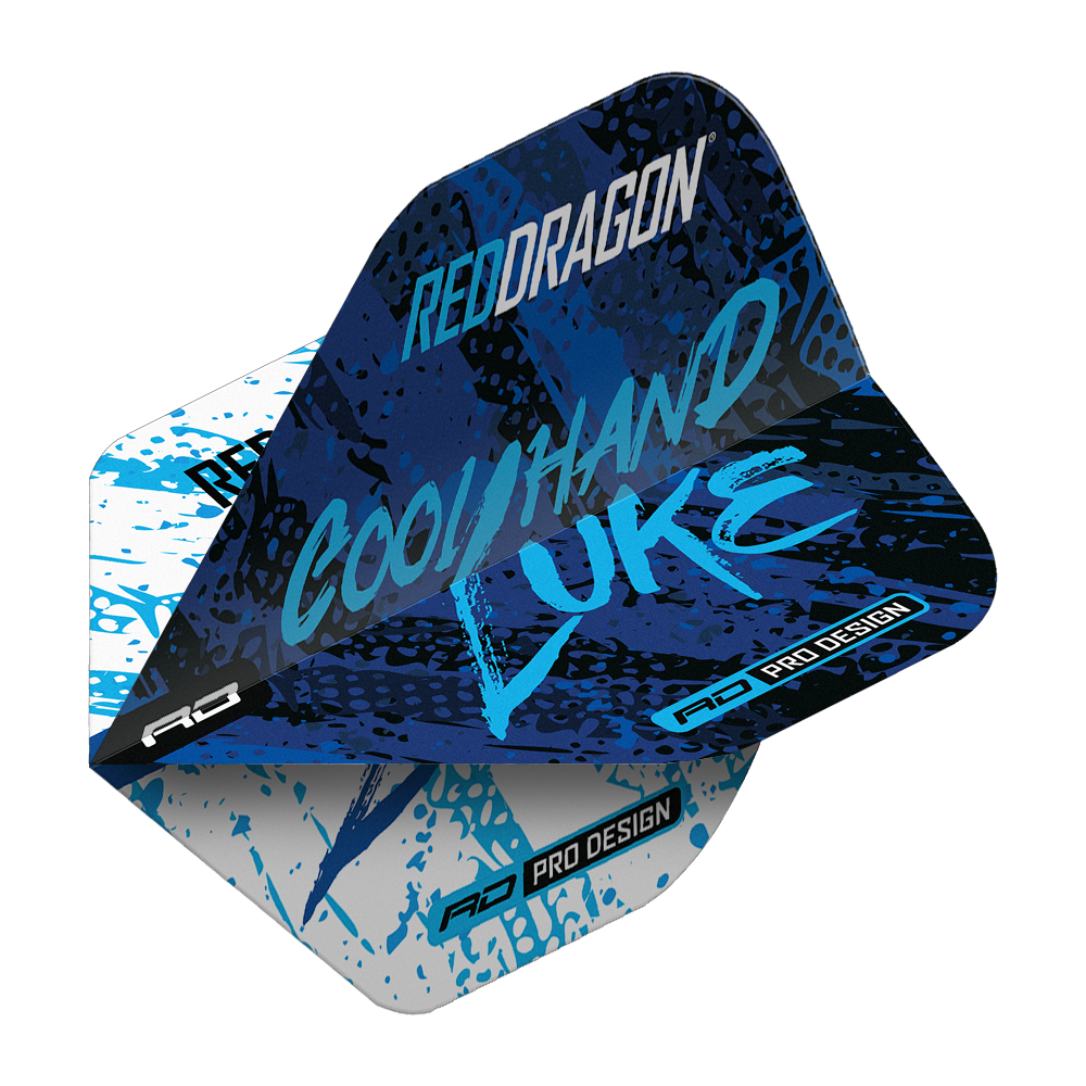 Red Dragon Luke Humphries Campione del mondo Voli standard Blu Bianco Yin Yang Das Bild zeigt ein Dart-Flight im Design "Red Dragon Luke Humphries World Champion Blue White Yin Yang Standard Flights". Auf dem Flight stehen die Worte "Cool Hand Luke" in blauer Schrift auf einem blau-weißen Hintergrund.
